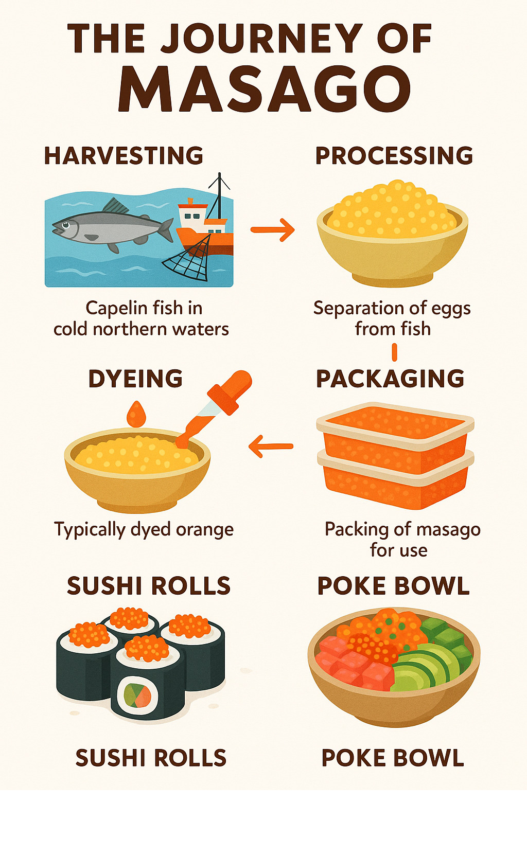 Infographic showing the journey of masago from capelin fish harvesting in cold northern waters through processing, dyeing, and packaging to final presentation on sushi rolls and poke bowls - masago infographic 