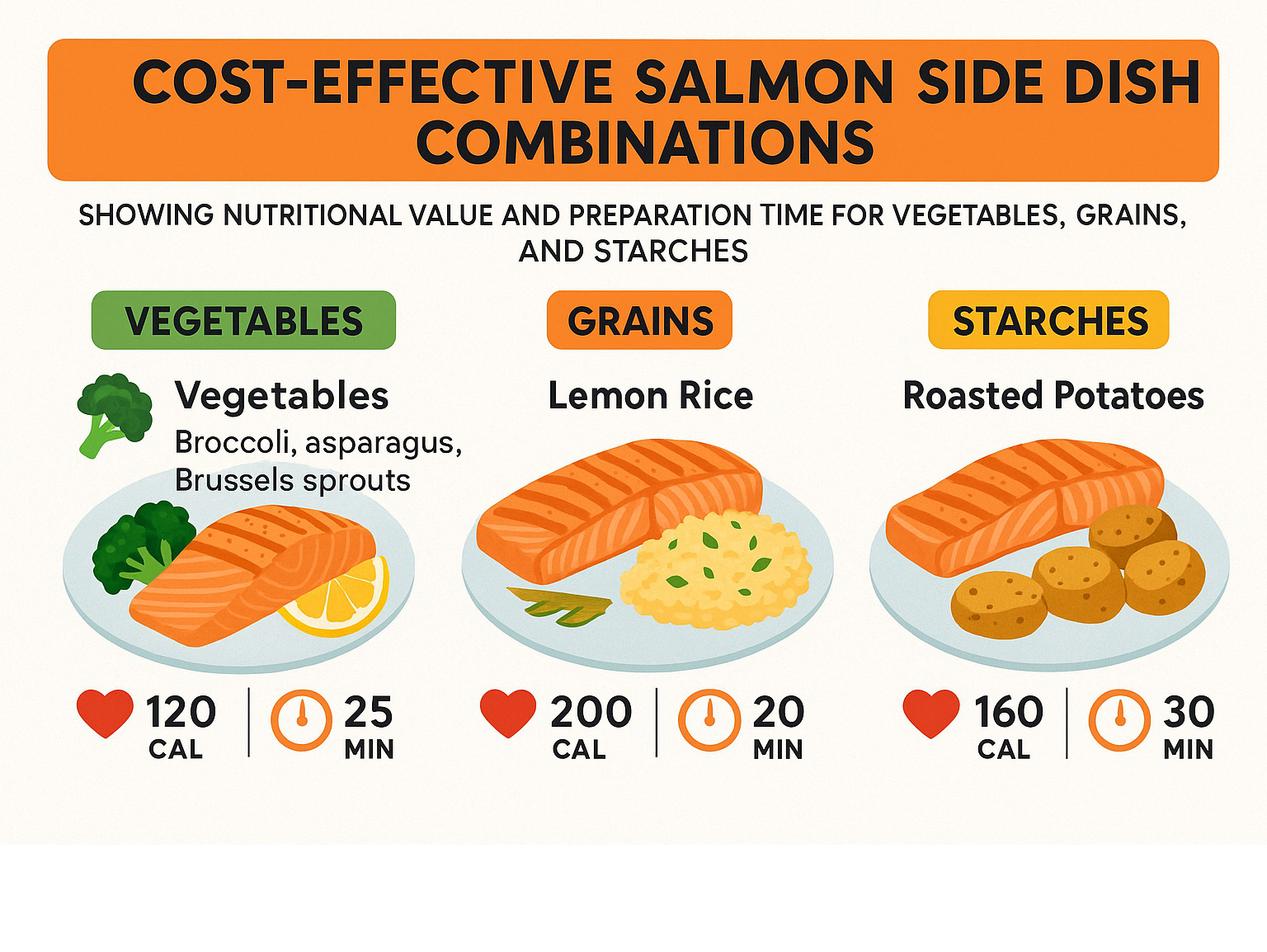 Cost-effective salmon side dish combinations showing nutritional value and preparation time for vegetables, grains, and starches - salmon recipe infographic 