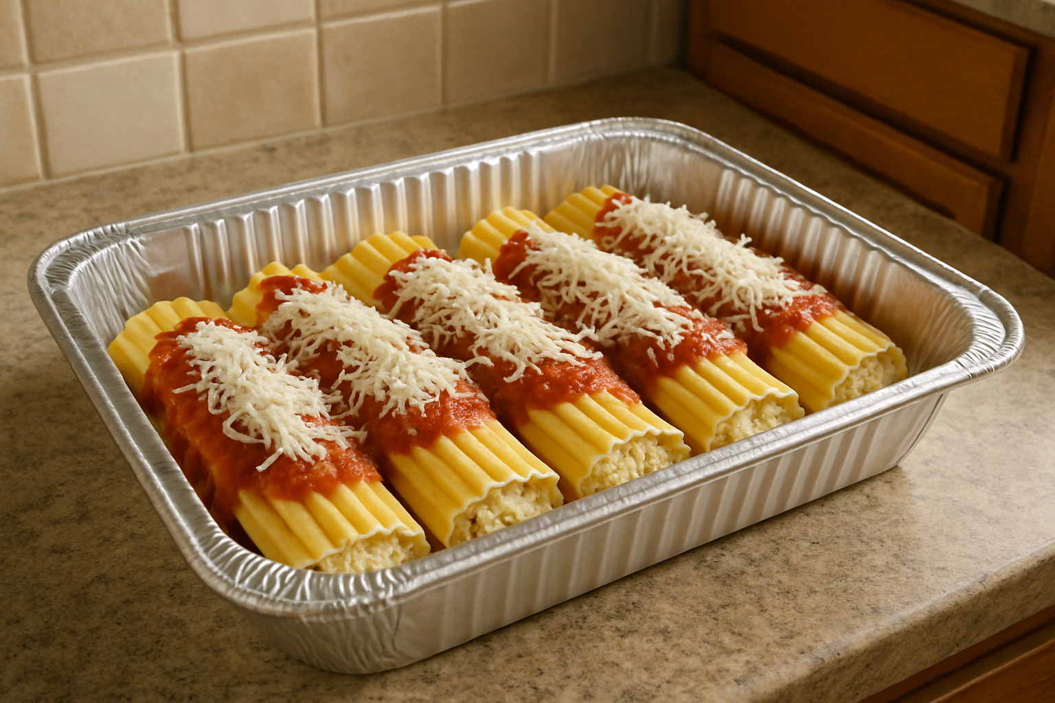 Aluminum tray of assembled manicotti ready for freezer storage - manicotti