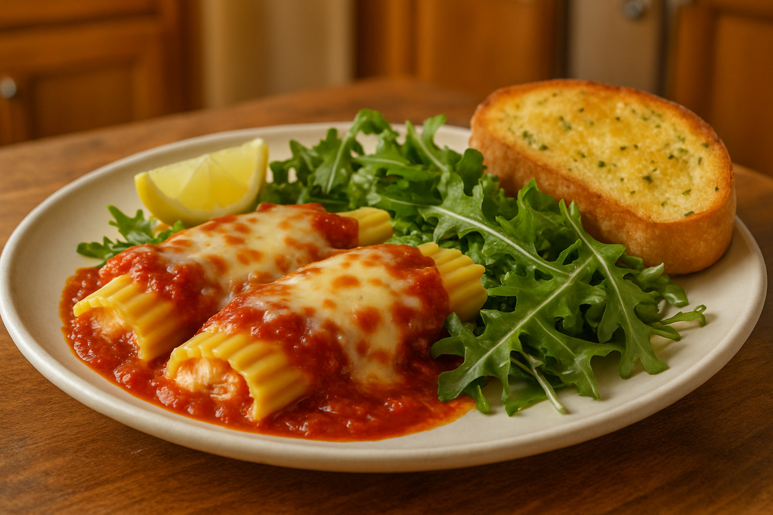 Complete dinner plate showing manicotti portion with arugula salad and garlic bread - manicotti