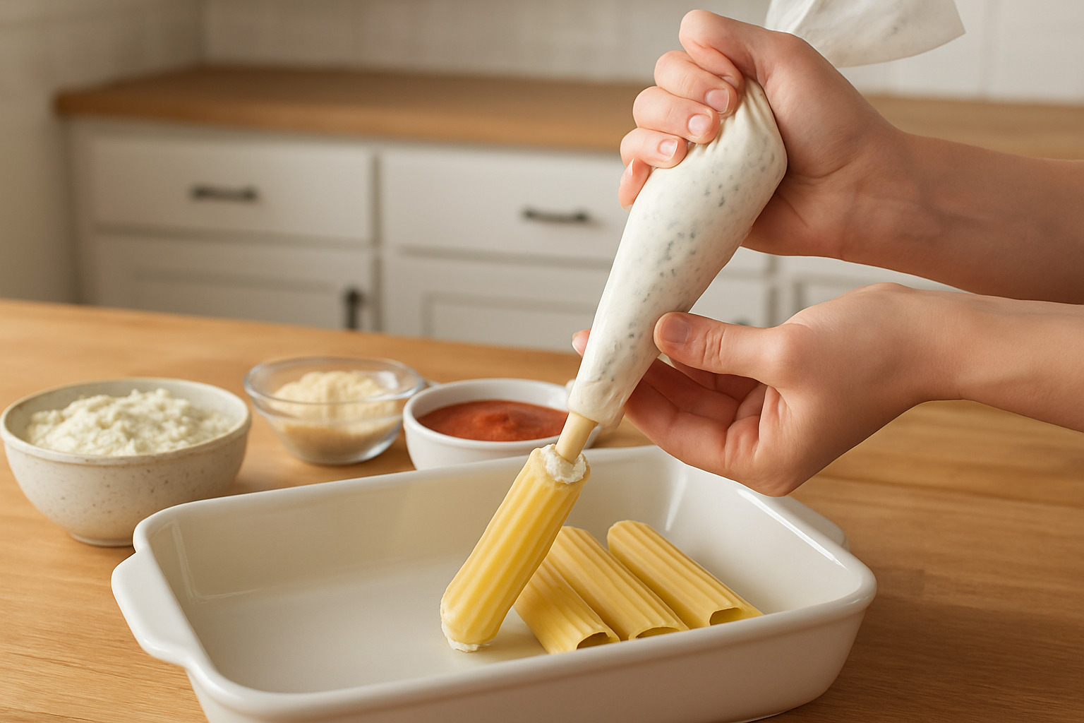 Hands using piping bag to fill manicotti shell with cheese mixture - manicotti