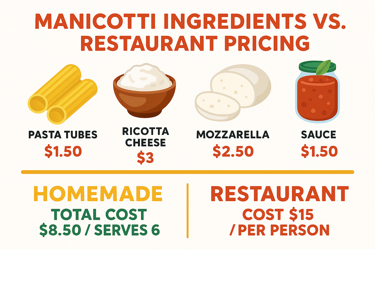 Detailed cost breakdown infographic showing manicotti ingredients vs restaurant pricing, including pasta tubes at $1.50, ricotta cheese at $3, mozzarella at $2.50, sauce at $1.50, total homemade cost $8.50 serves 6 people versus restaurant cost $15 per person - manicotti infographic 
