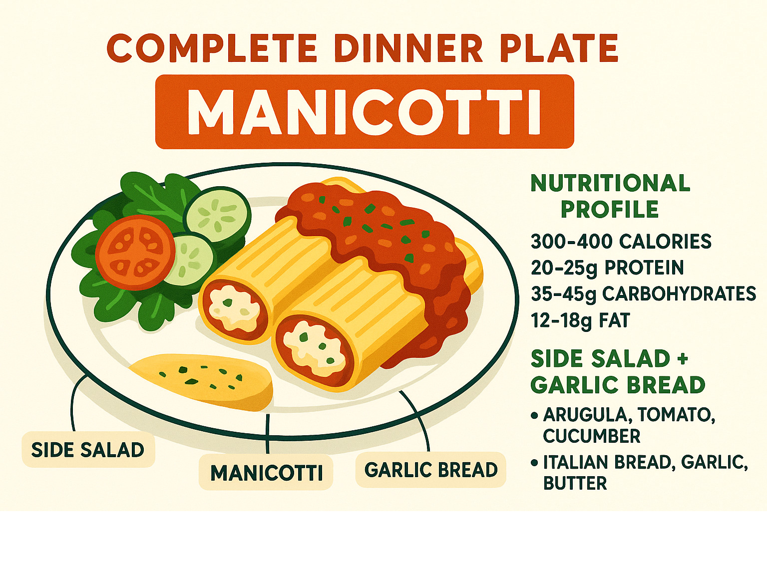 Complete dinner plate showing manicotti with side salad and garlic bread - manicotti infographic 