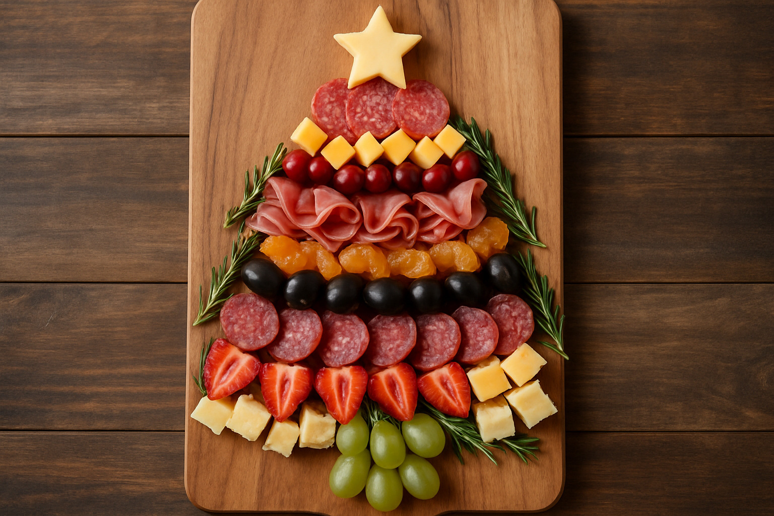 Christmas tree shaped charcuterie board with festive colors - charcuterie board ideas
