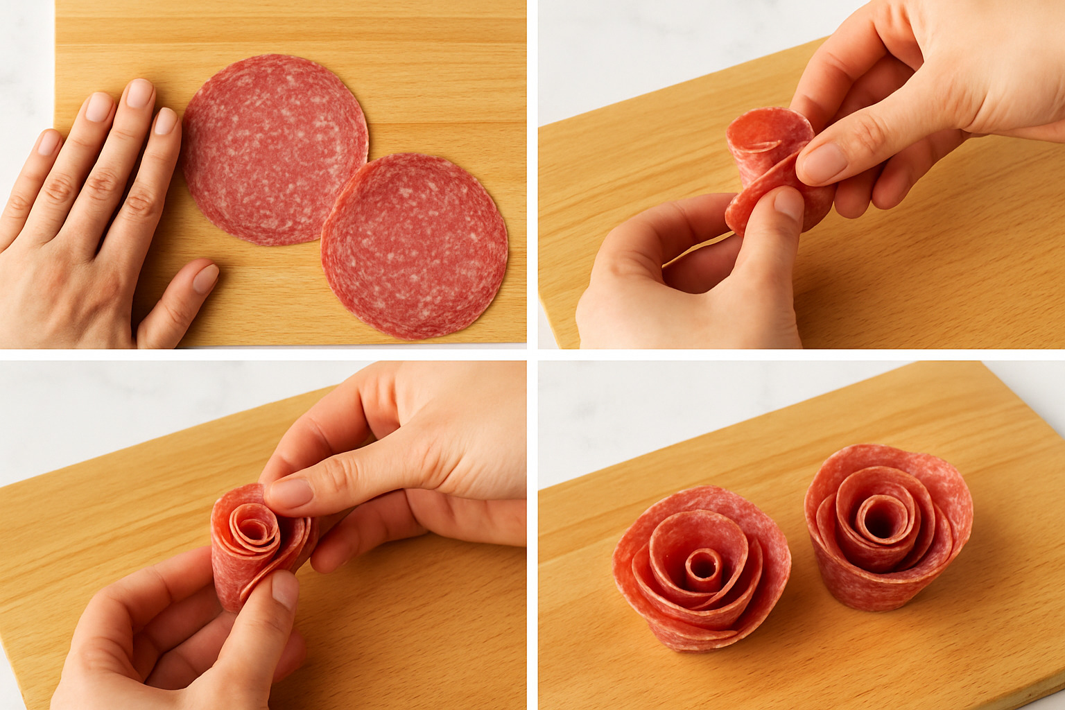 Step by step tutorial showing how to fold salami into rose shapes - charcuterie board ideas