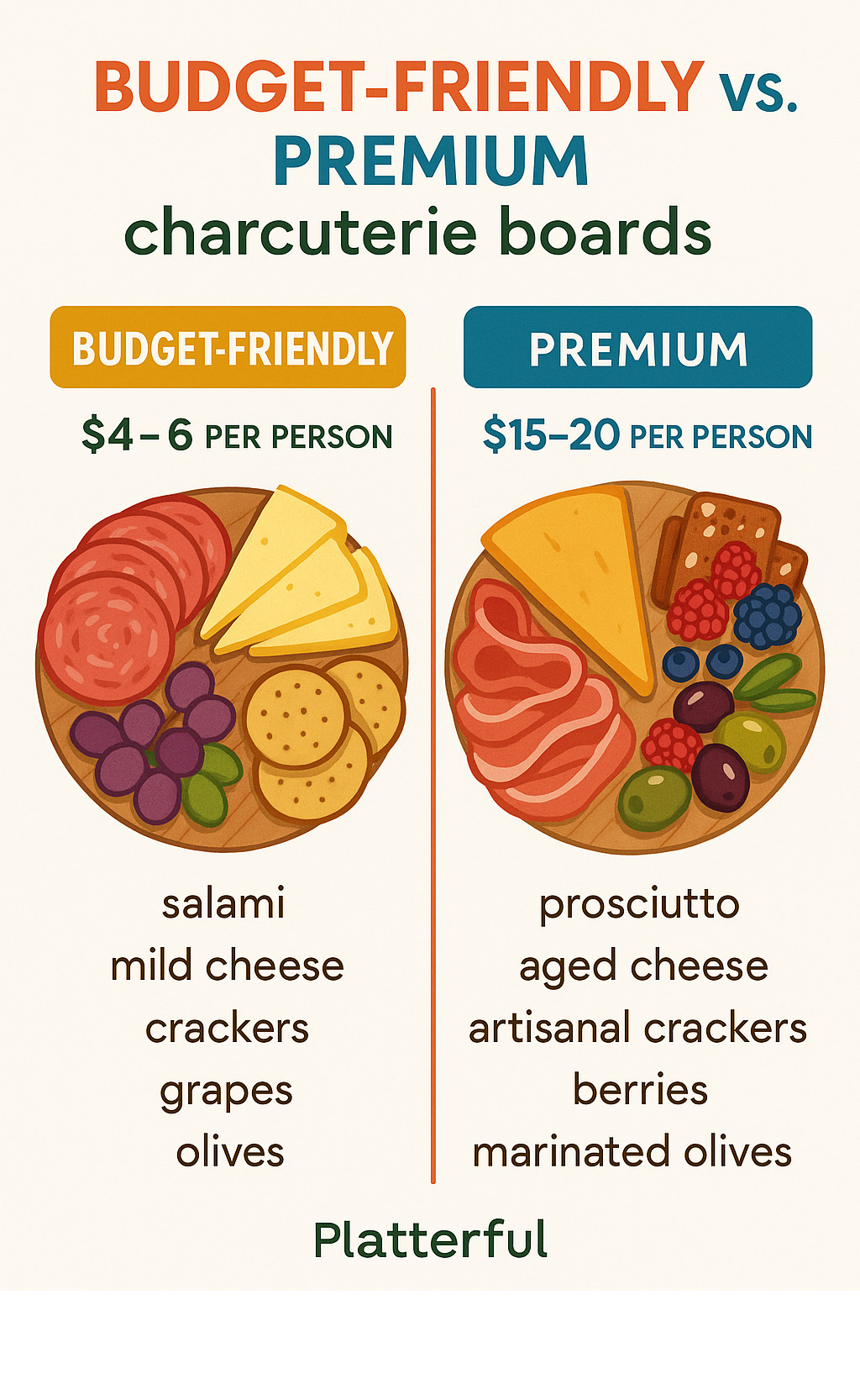 Infographic comparing costs and components of budget-friendly versus premium charcuterie boards, showing price per person and ingredient quality differences - charcuterie board ideas infographic 