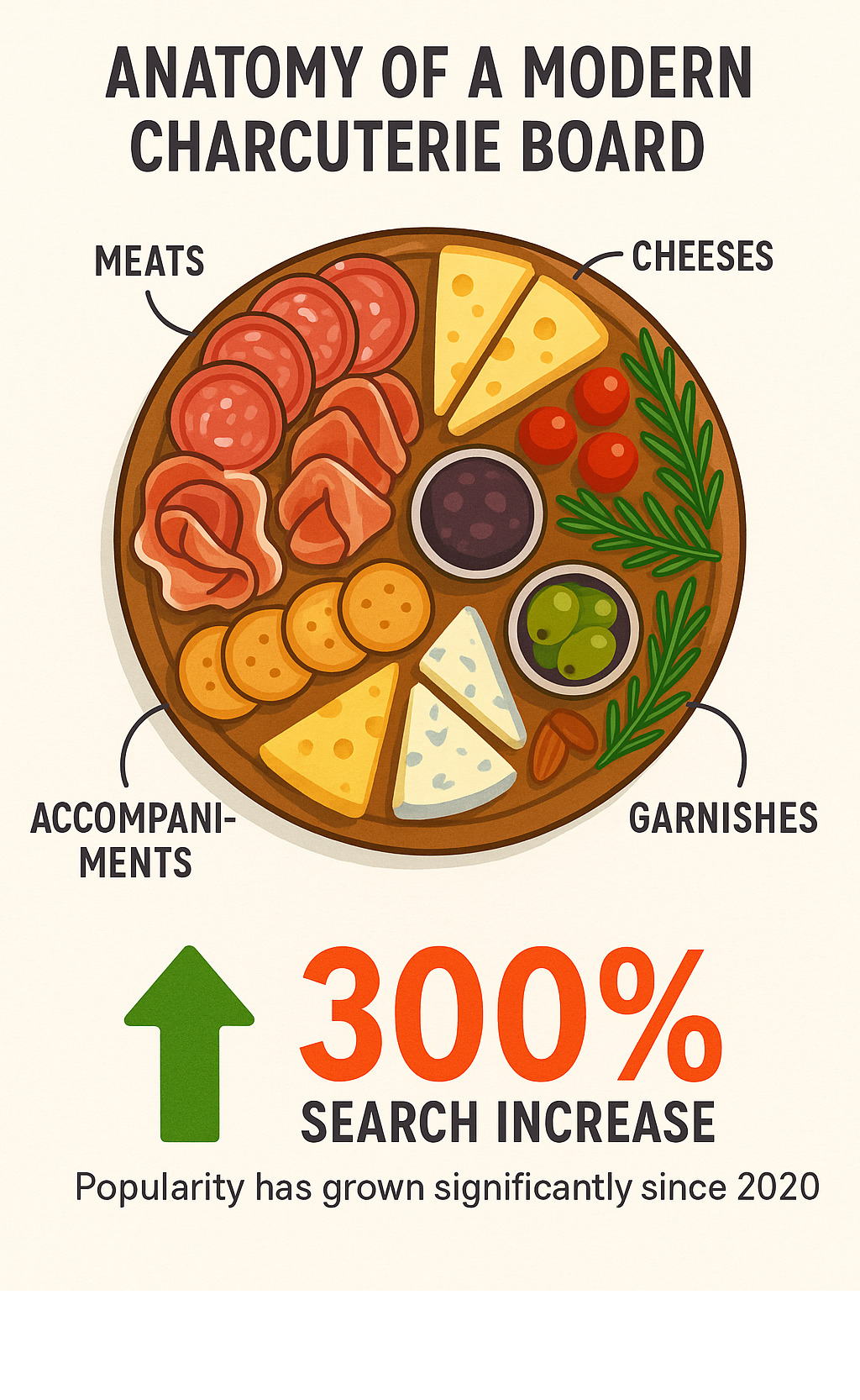 Infographic showing the anatomy of a modern charcuterie board with sections for meats, cheeses, accompaniments, and garnishes, plus statistics on the 300% search increase and popularity growth since 2020 - charcuterie board ideas infographic 