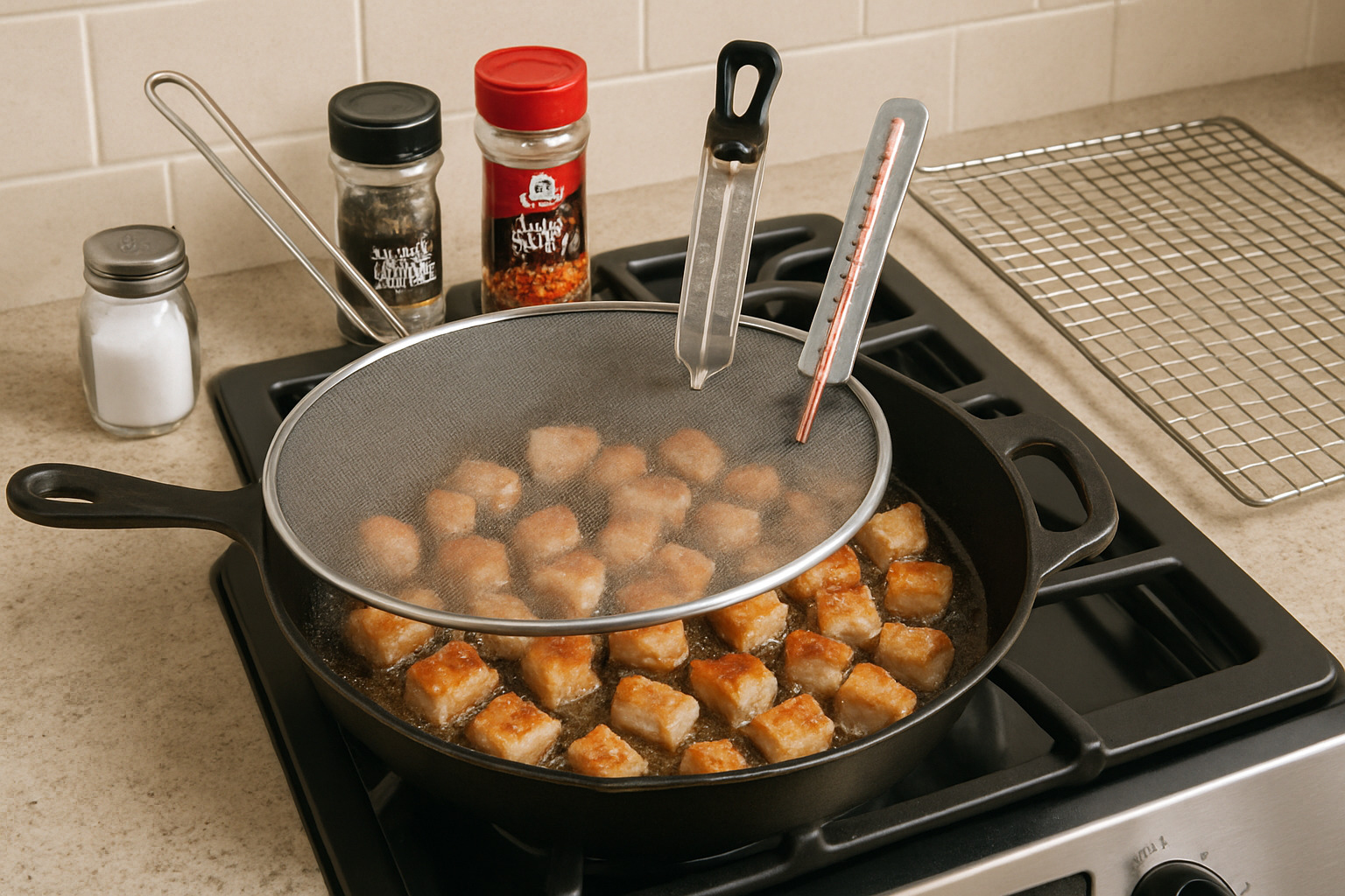 Home kitchen setup showing a large skillet with pork belly pieces, splatter screen, and various seasonings arranged on a stovetop - chicharrones