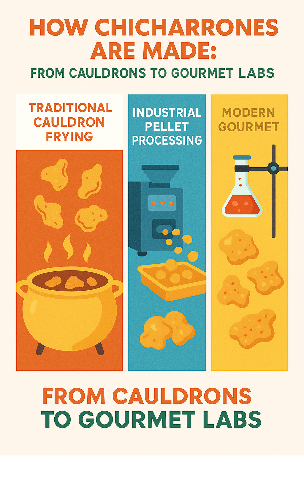 Infographic comparing three chicharrones production methods: traditional cauldron frying, industrial pellet processing, and modern gourmet preparation techniques - chicharrones infographic 