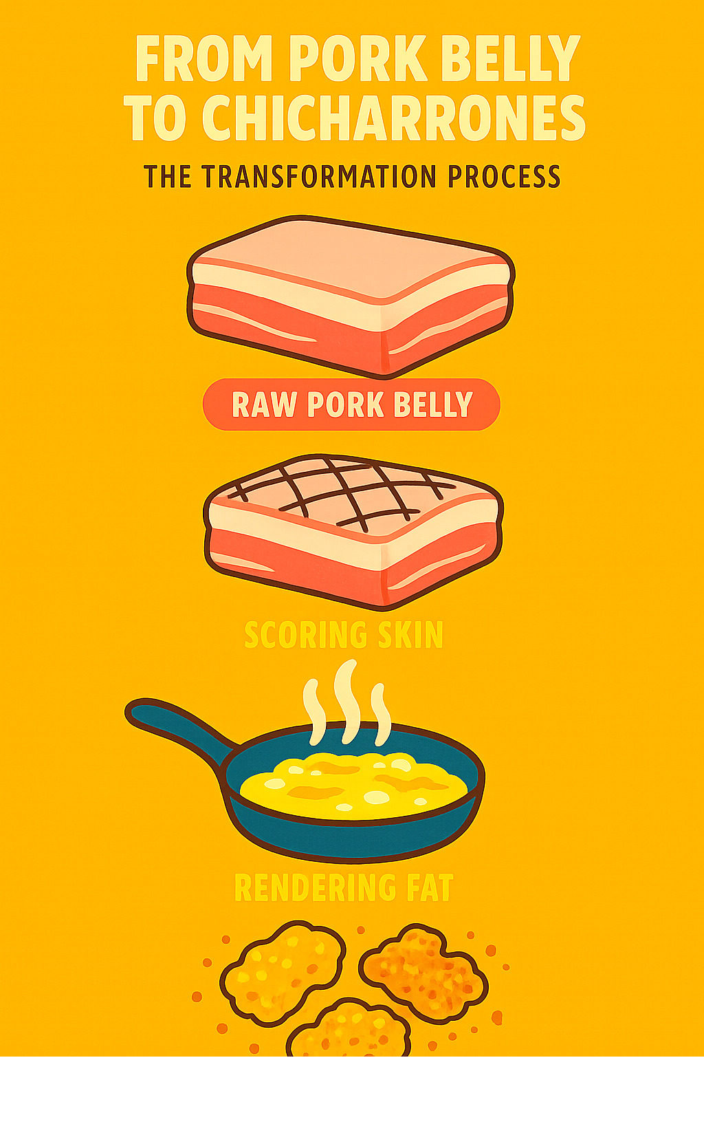 Infographic showing the change process from raw pork belly to crispy chicharrones, including steps for scoring skin, rendering fat, and achieving the perfect golden-brown puff - chicharrones infographic 