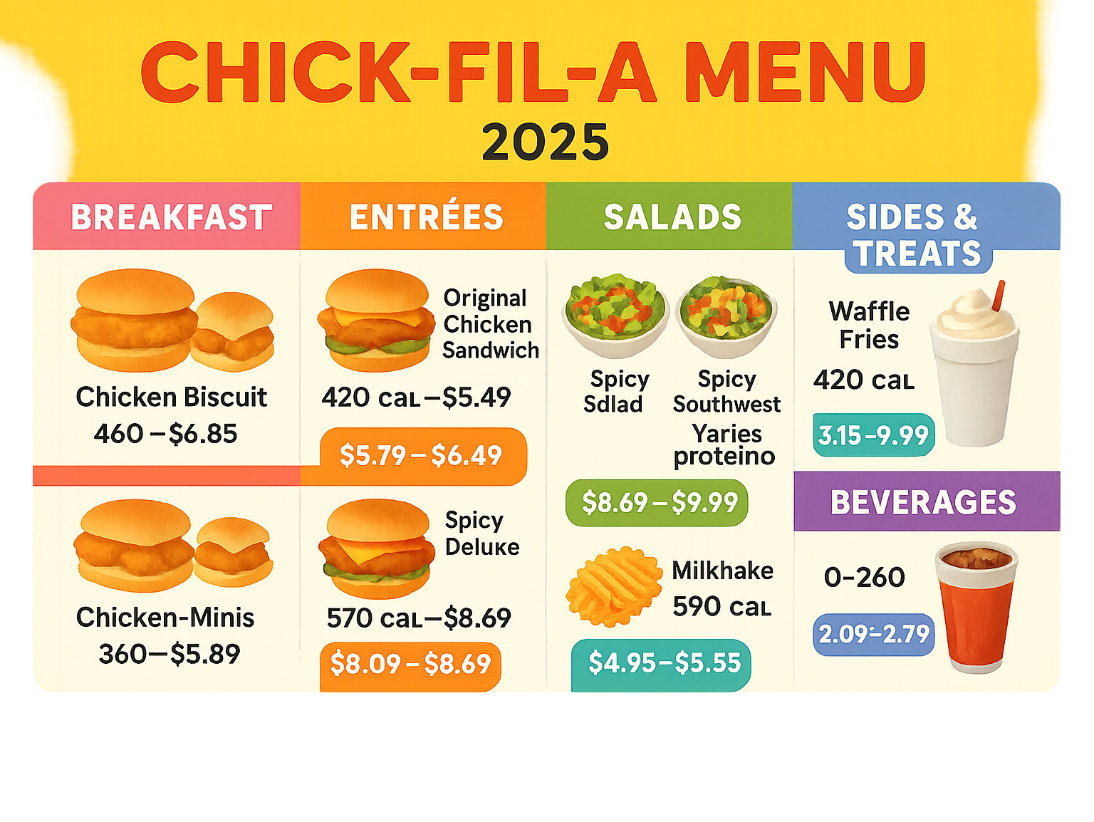 Comprehensive breakdown of Chick-fil-A menu categories showing breakfast items, entrees, salads, sides, treats, and beverages with calorie counts and price ranges for 2025 - chick fil a menu infographic 