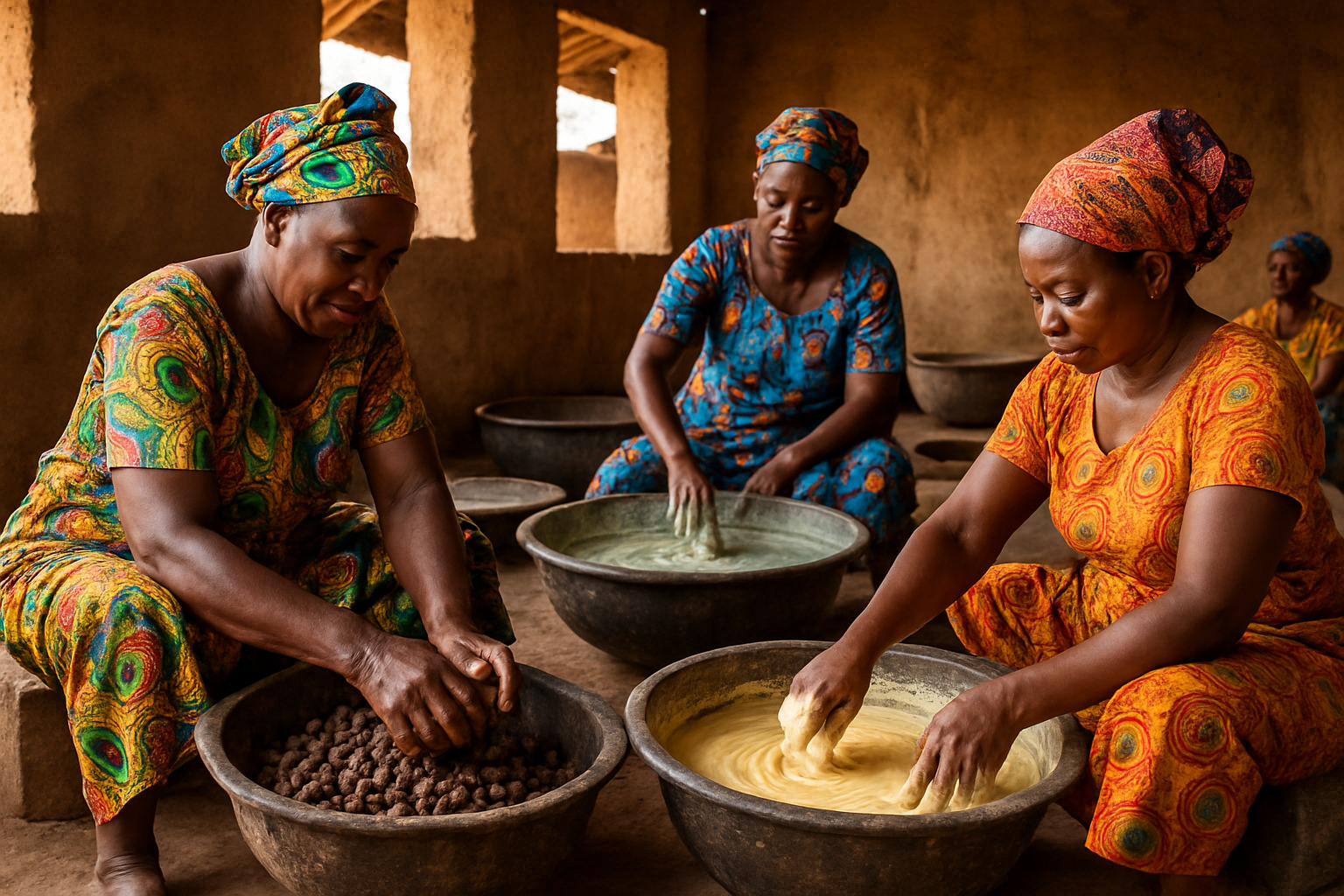Women working in a shea butter cooperative in Ghana, showing the traditional processing methods - shea moisture Women working in a shea butter cooperative in Ghana, showing the traditional processing methods - shea moisture