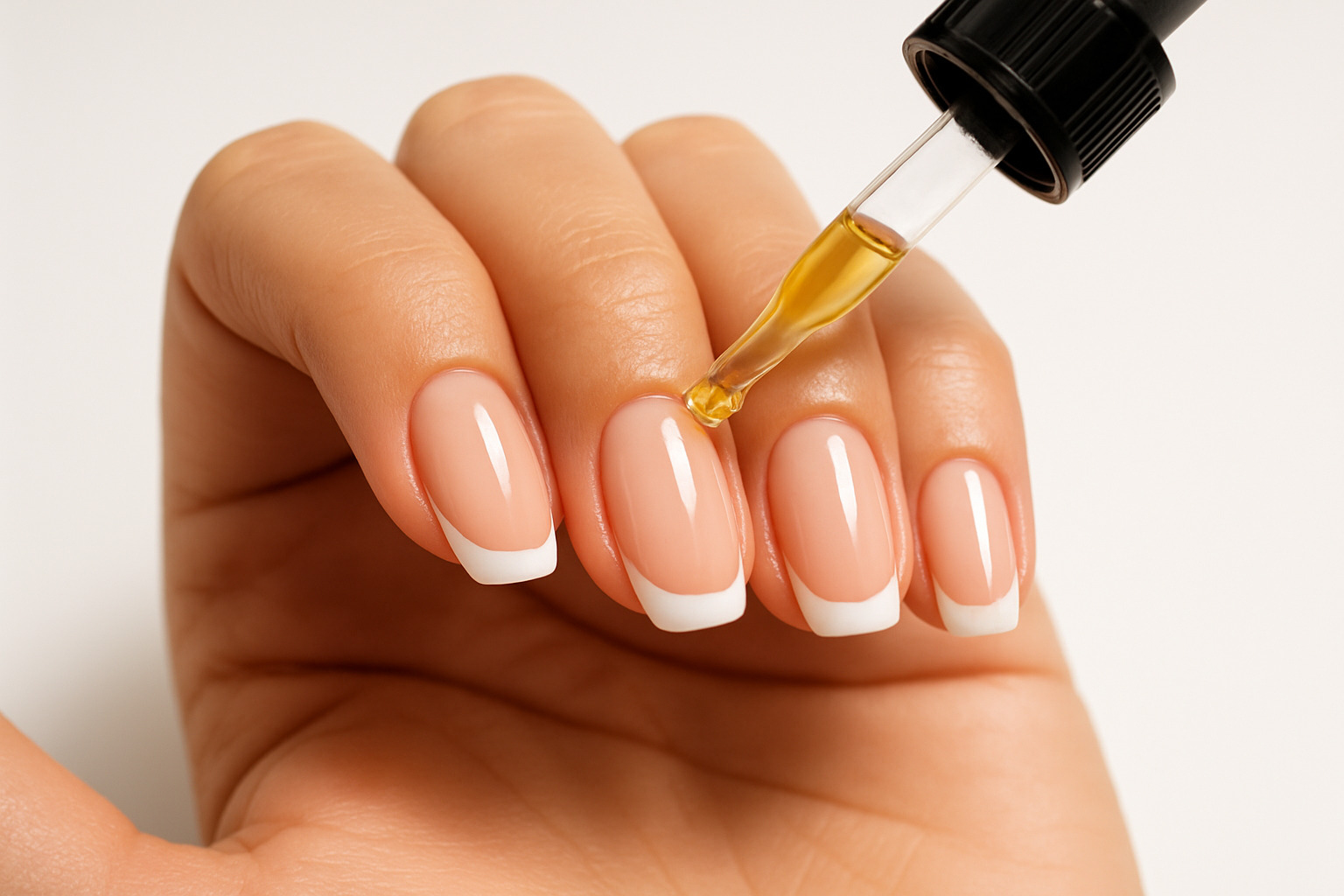 cuticle oil being applied to finished french manicure - french tip nails