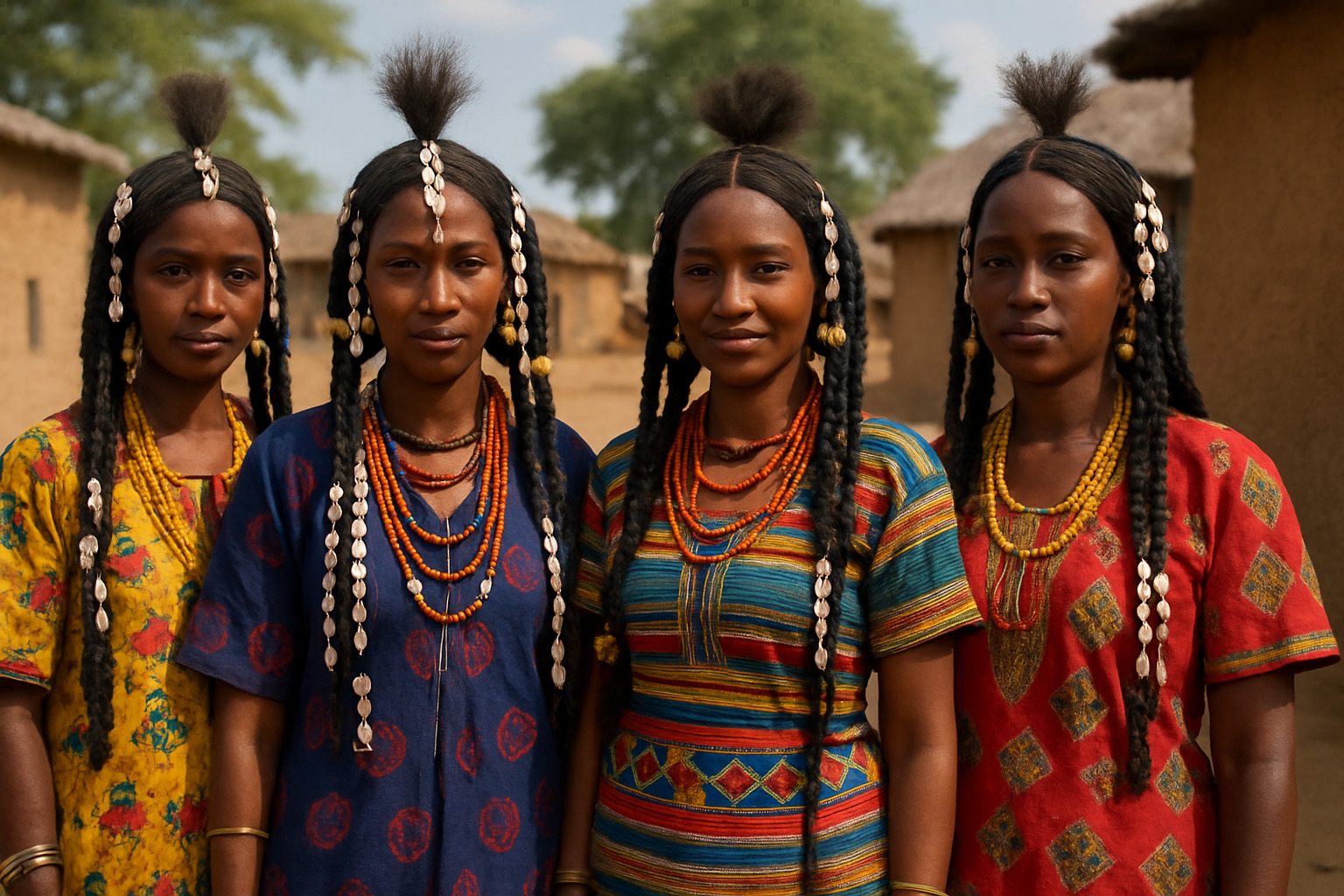 Traditional Fulani women wearing ceremonial braids with cowrie shells - fulani braids