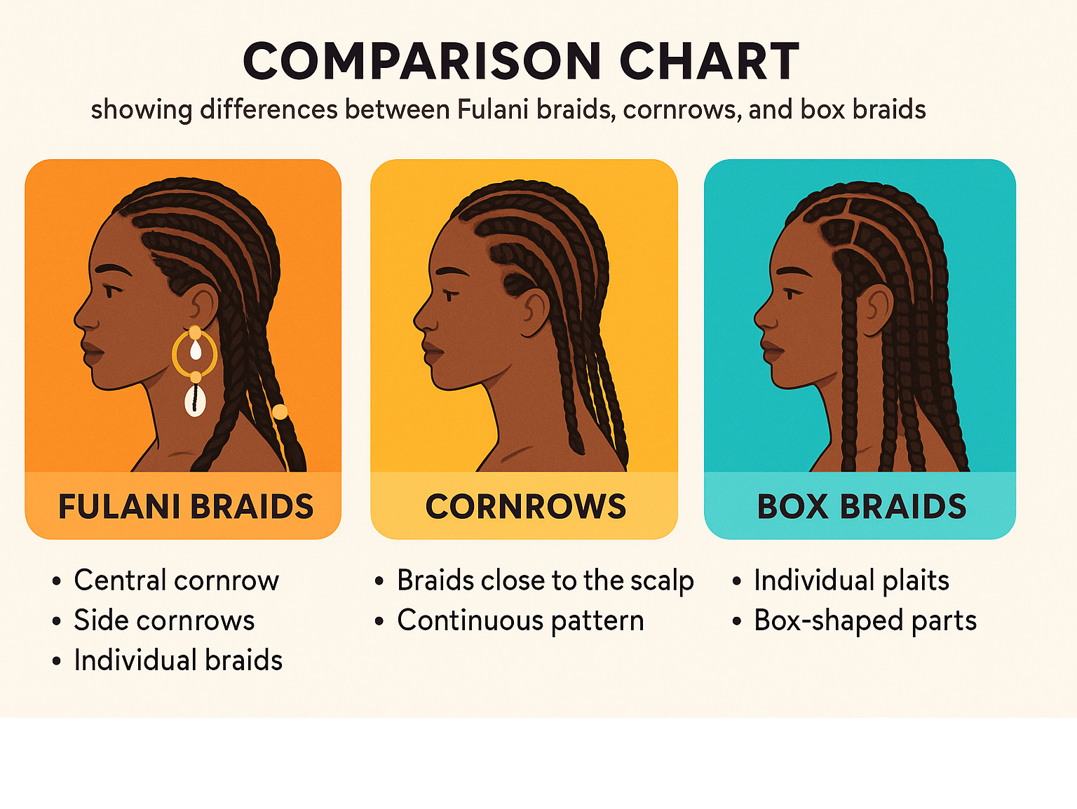 Comparison chart showing differences between Fulani braids, cornrows, and box braids side by side - fulani braids infographic 