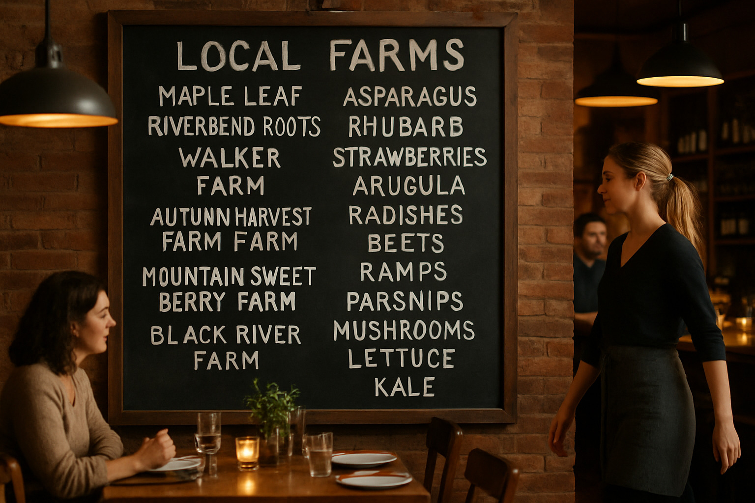 Restaurant chalkboard listing local farms and seasonal ingredients - locally sourced ingredients