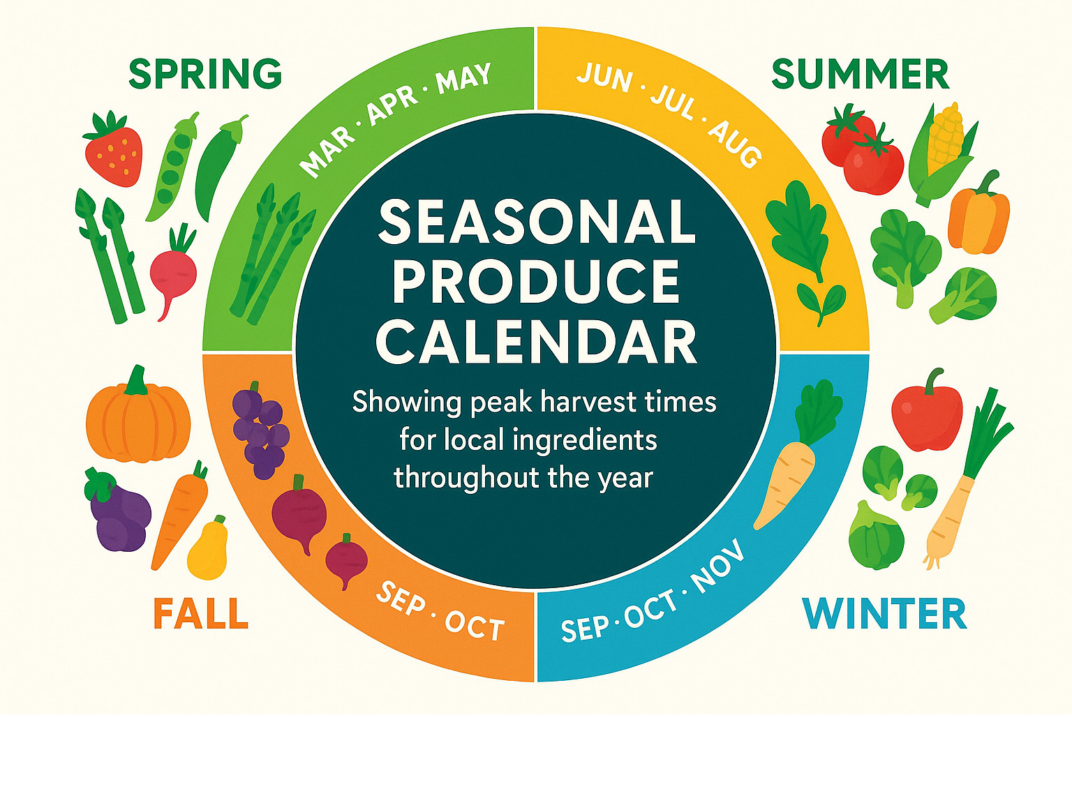 Seasonal produce calendar showing peak harvest times for local ingredients throughout the year - locally sourced ingredients infographic 