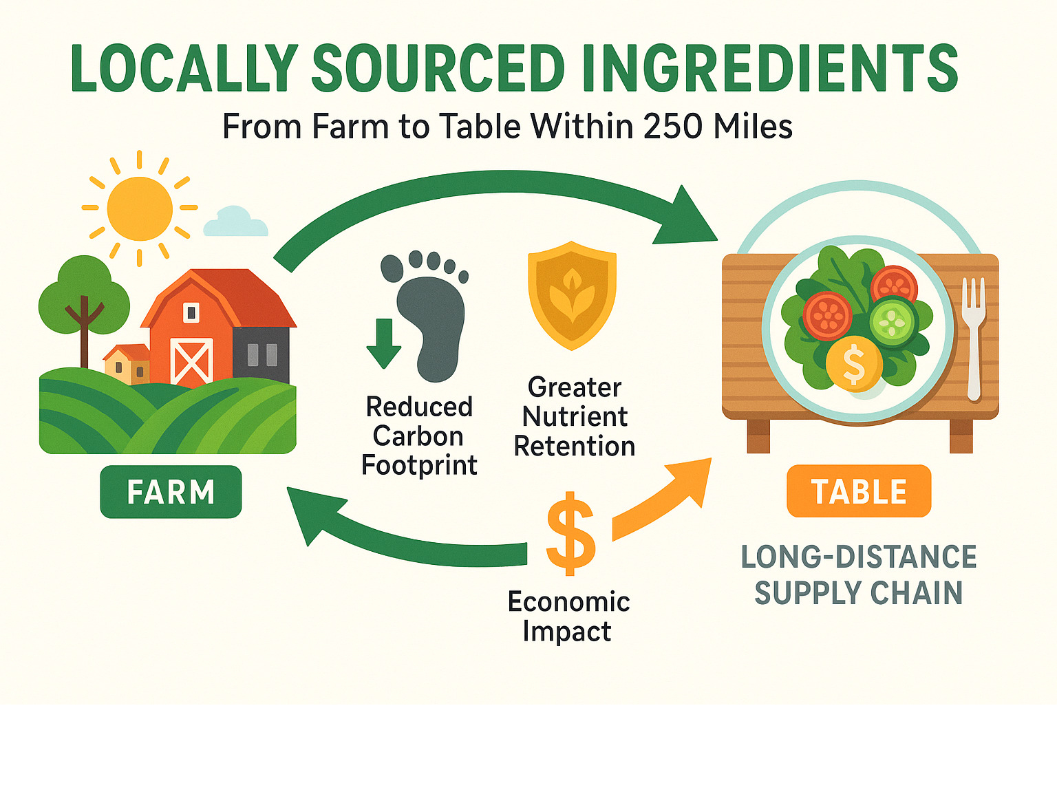 Infographic showing the journey of locally sourced ingredients from farm to table within 250 miles, comparing carbon footprint, nutrient retention, and economic impact versus long-distance food supply chains - locally sourced ingredients infographic 