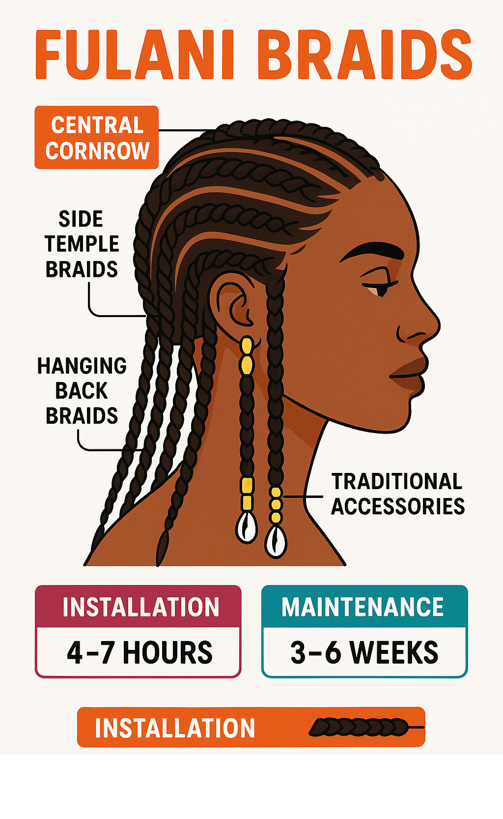 Detailed breakdown of Fulani braid components showing central cornrow pattern, side temple braids, hanging back braids, and traditional accessories like beads and cowrie shells, plus installation timeline and maintenance requirements - fulani braids infographic 