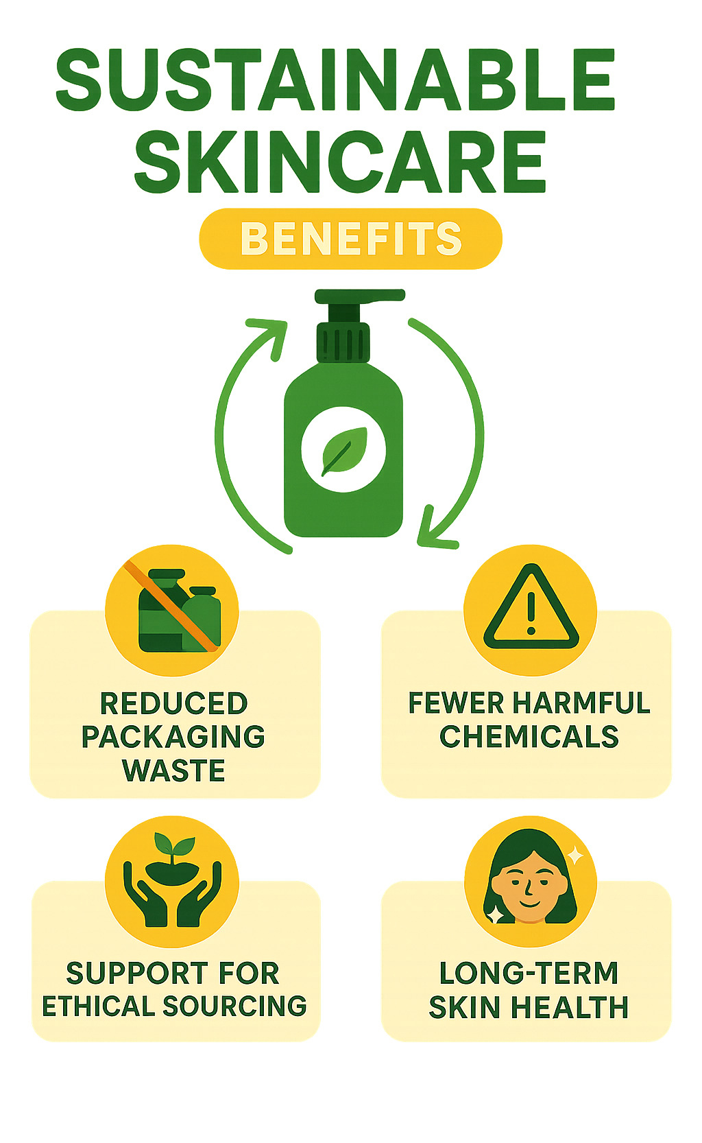 Infographic showing sustainable skincare routine benefits including reduced packaging waste, fewer harmful chemicals, support for ethical sourcing, and long-term skin health benefits - sustainable skincare infographic  Infographic showing sustainable skincare routine benefits including reduced packaging waste, fewer harmful chemicals, support for ethical sourcing, and long-term skin health benefits - sustainable skincare infographic