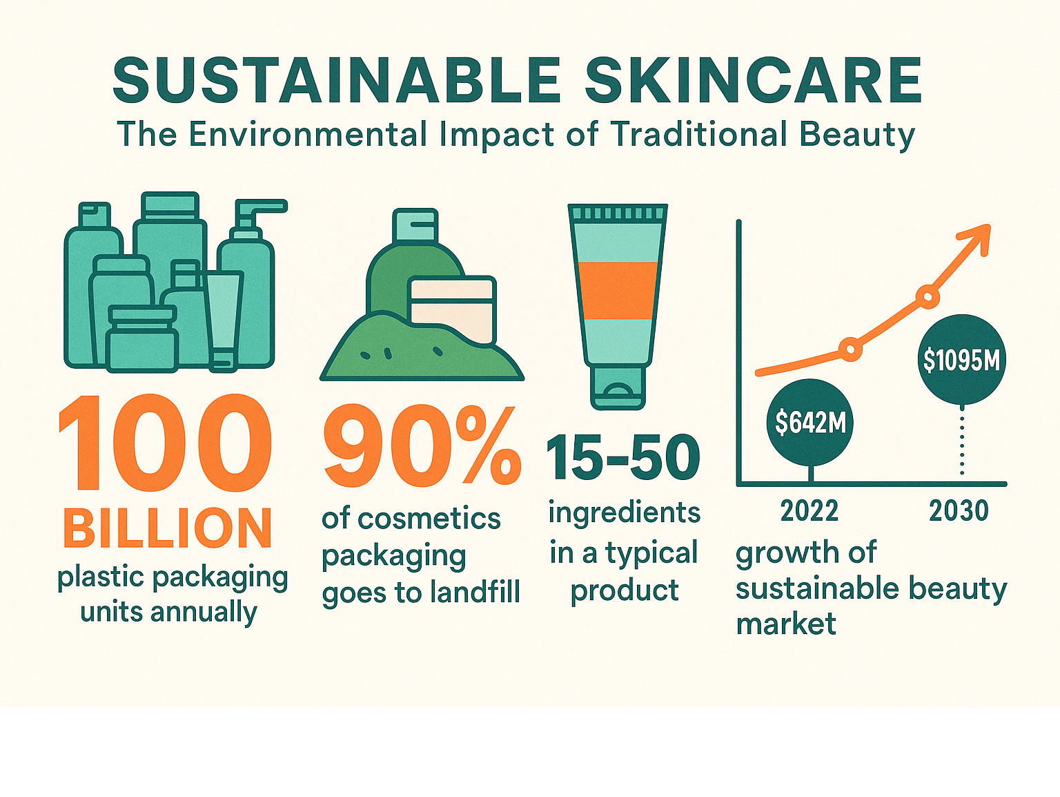 Infographic showing the environmental impact of traditional beauty industry including 100 billion plastic packaging units annually, 90% of cosmetics packaging going to landfill, typical product containing 15-50 ingredients, and growth statistics for sustainable beauty market from $642M to $1095M by 2030 - sustainable skincare infographic  Infographic showing the environmental impact of traditional beauty industry including 100 billion plastic packaging units annually, 90% of cosmetics packaging going to landfill, typical product containing 15-50 ingredients, and growth statistics for sustainable beauty market from $642M to $1095M by 2030 - sustainable skincare infographic
