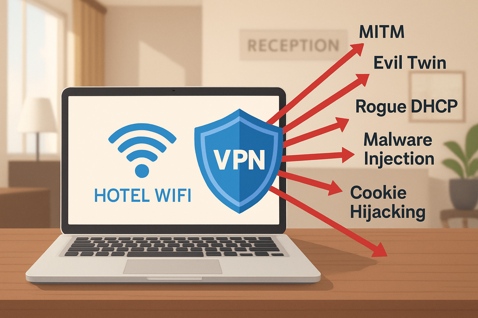 diagram showing various attack vectors being blocked by VPN protection - vpn for hotel wifi