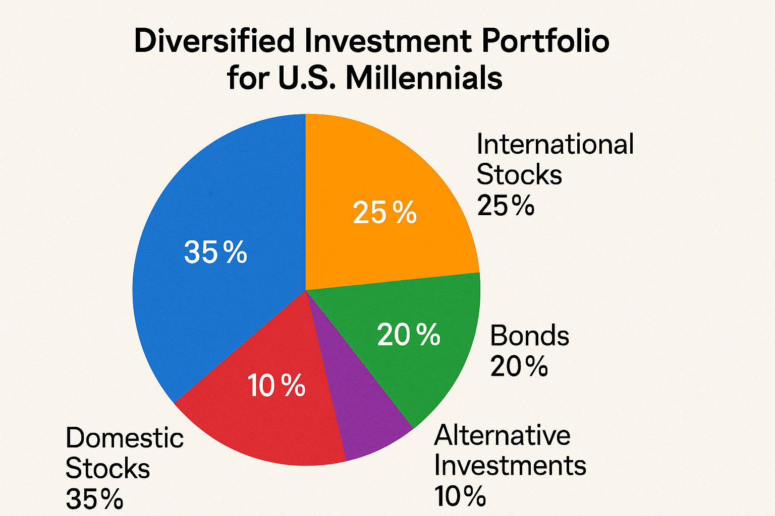Pie chart showing diversified portfolio allocation across different asset classes including domestic stocks, international stocks, bonds, real estate, and alternative investments - investing for millennials