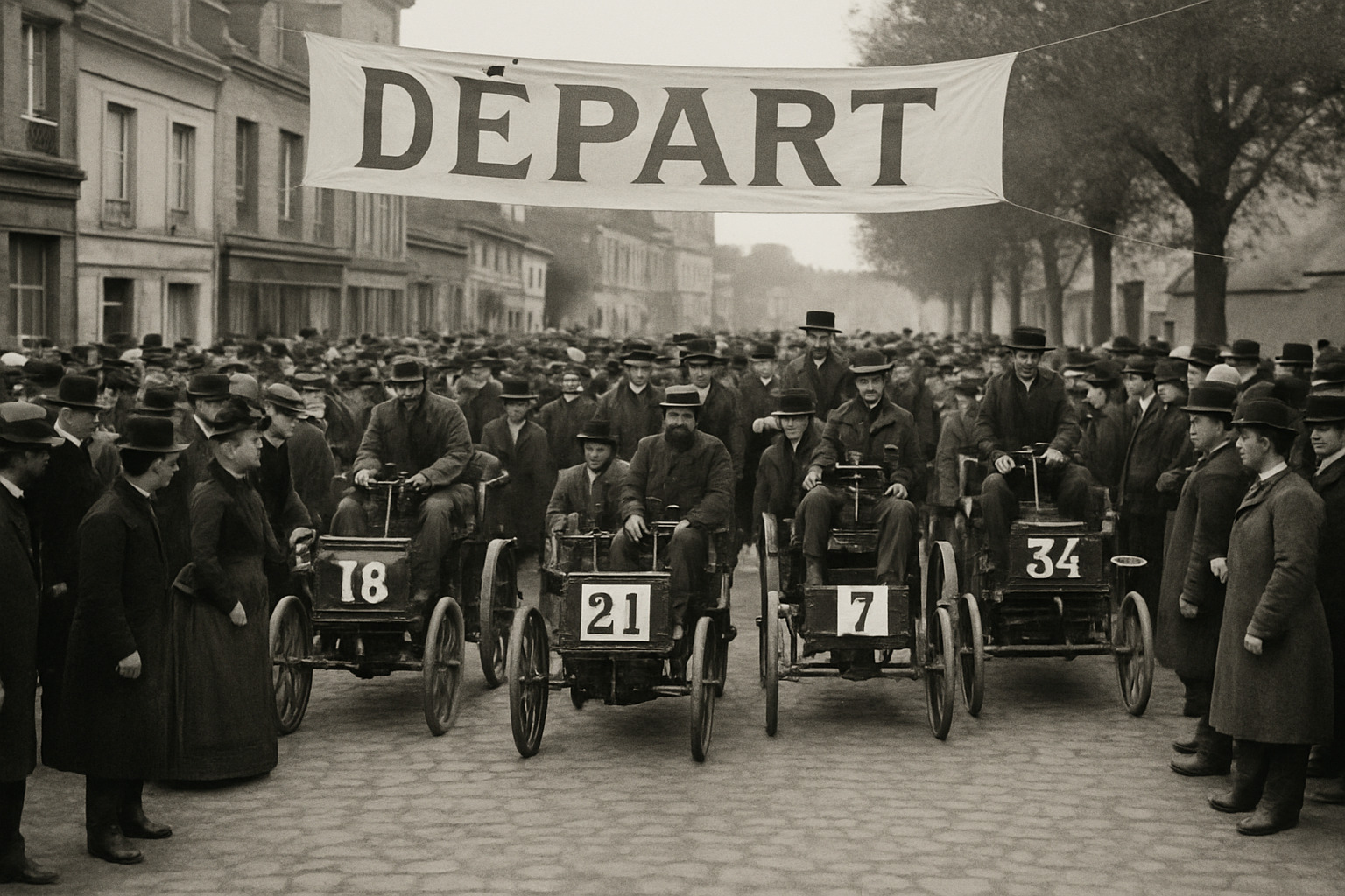 Historic black and white photo of 1894 Paris-Rouen reliability trial with early automobiles and spectators - auto racing Historic black and white photo of 1894 Paris-Rouen reliability trial with early automobiles and spectators - auto racing