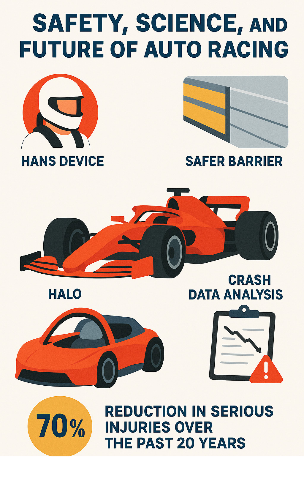 Infographic showing modern racing safety technology including HANS devices, SAFER barriers, halo protection systems, and crash data analysis with statistics on injury reduction over past decades - auto racing infographic Infographic showing modern racing safety technology including HANS devices, SAFER barriers, halo protection systems, and crash data analysis with statistics on injury reduction over past decades - auto racing infographic