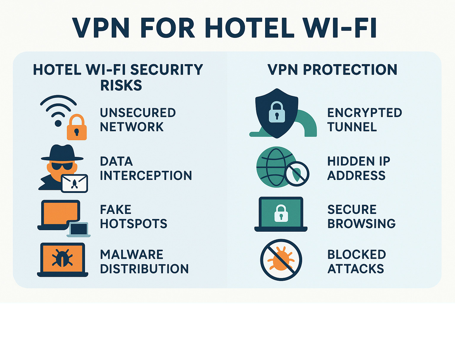 Infographic showing hotel Wi-Fi security risks on the left (unsecured network, data interception, fake hotspots, malware distribution) versus VPN protection on the right (encrypted tunnel, hidden IP address, secure browsing, blocked attacks) - vpn for hotel wifi infographic 