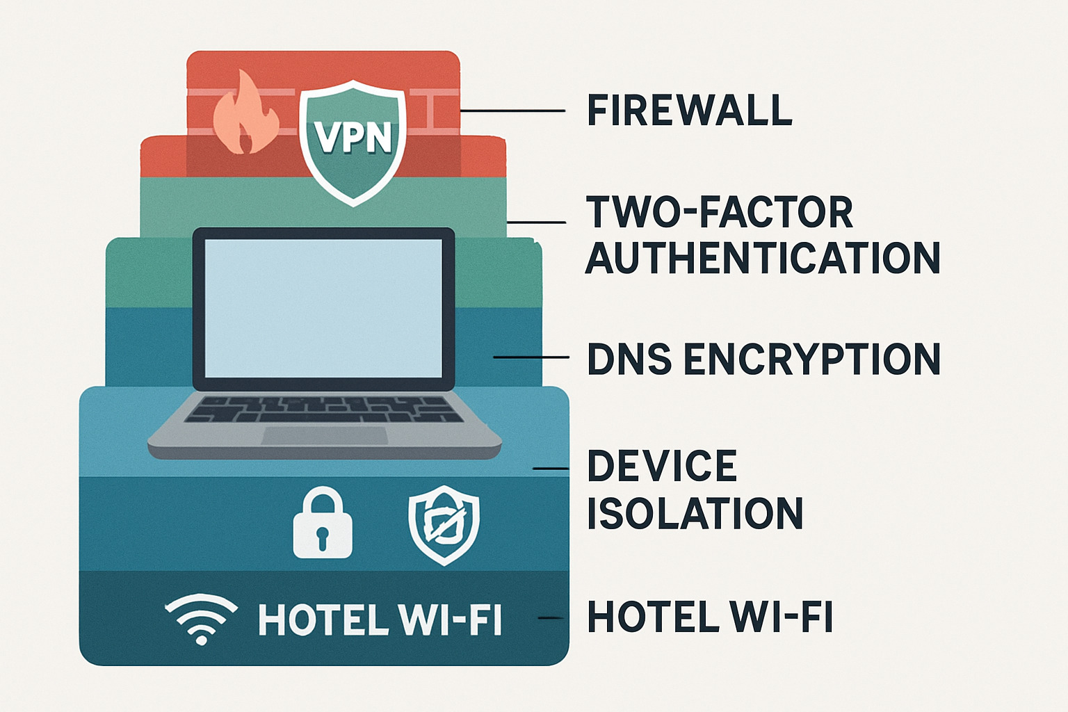 layered security diagram showing VPN, firewall, 2FA, and other protective measures - vpn for hotel wifi
