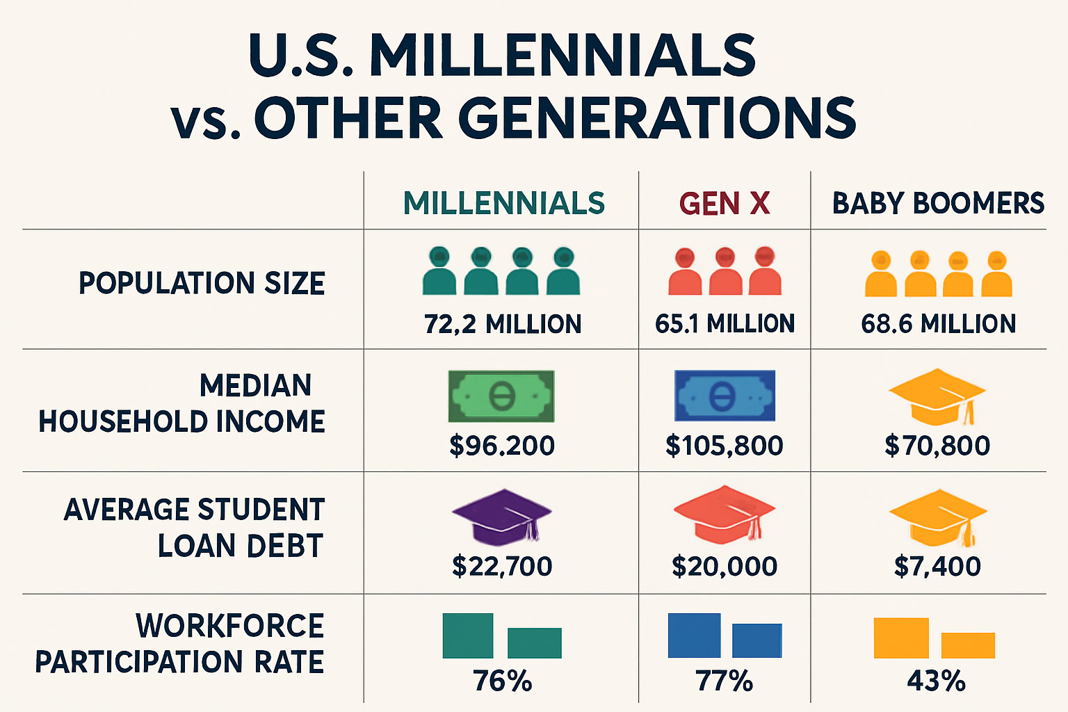 Demographic chart showing millennial population statistics, income distribution, debt levels, and comparison with other generations - investing for millennials