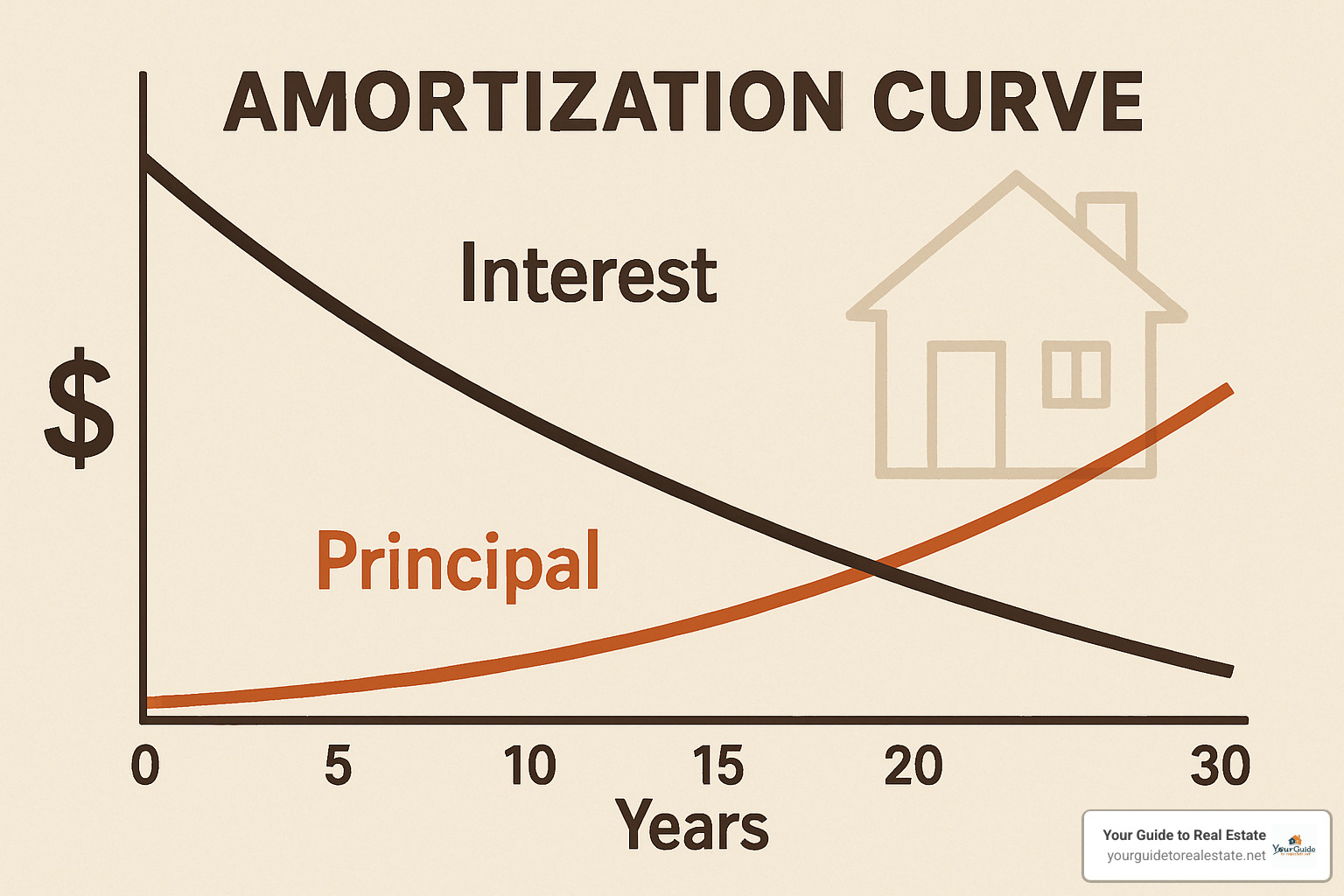 Amortization curve showing how mortgage payments shift from mostly interest to mostly principal over 30 years - 30 year mortgage options