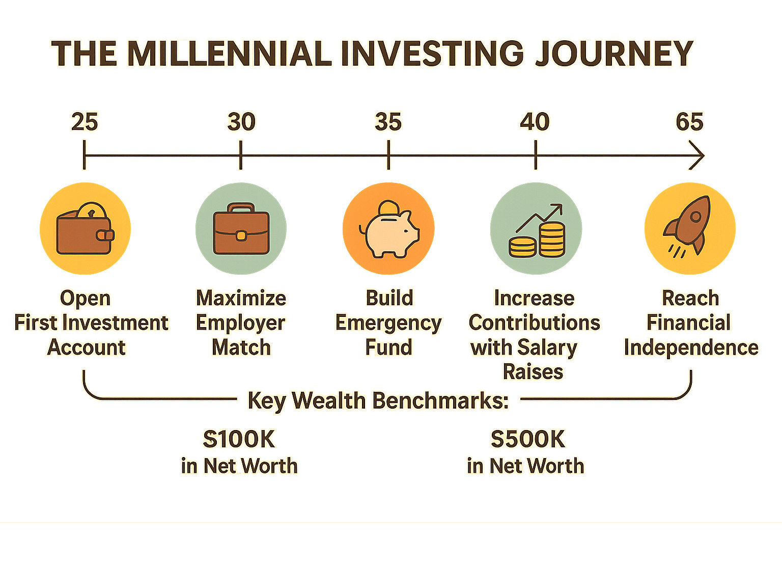Comprehensive infographic showing the millennial investing journey from age 25 to 65, including timeline milestones for opening first investment account, maximizing employer match, building emergency fund, increasing contributions with salary raises, and reaching key wealth benchmarks at different ages - investing for millennials infographic 