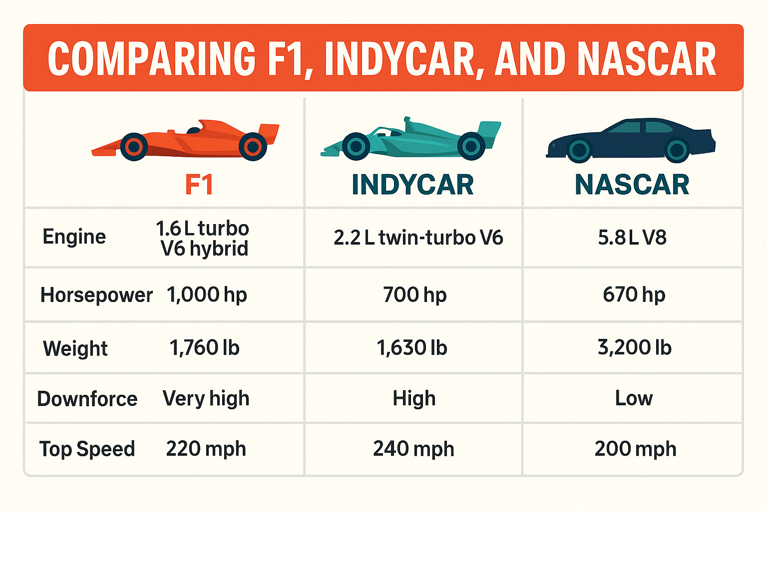 Comparison table showing F1 vs IndyCar vs NASCAR technical specifications including engine types, horsepower, weight, downforce levels, and top speeds - auto racing infographic Comparison table showing F1 vs IndyCar vs NASCAR technical specifications including engine types, horsepower, weight, downforce levels, and top speeds - auto racing infographic