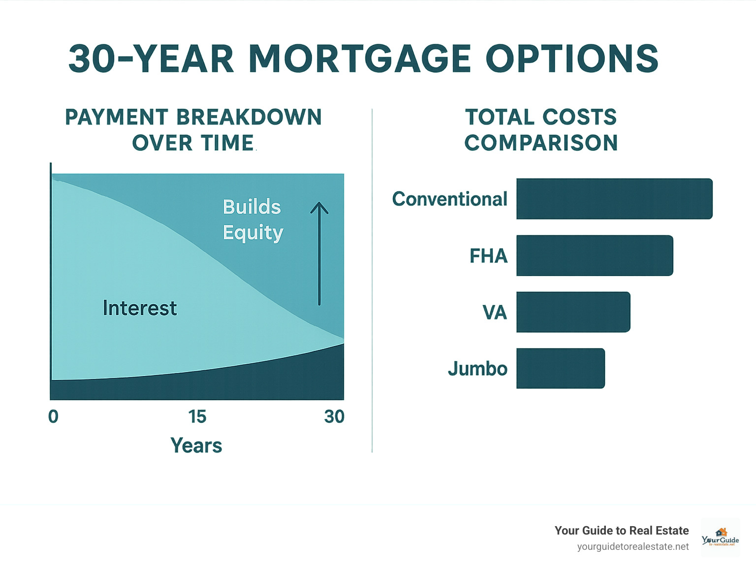 Infographic showing 30-year mortgage payment breakdown over time, illustrating how early payments go mostly to interest while later payments build equity, with comparison of total costs between different loan types including conventional, FHA, VA, and jumbo options - 30 year mortgage options infographic 