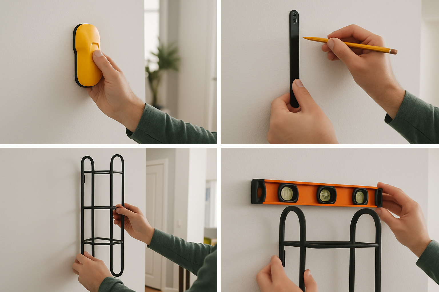 Step-by-step wine rack mounting process showing stud location, bracket placement, and level checking - wall wine rack ideas