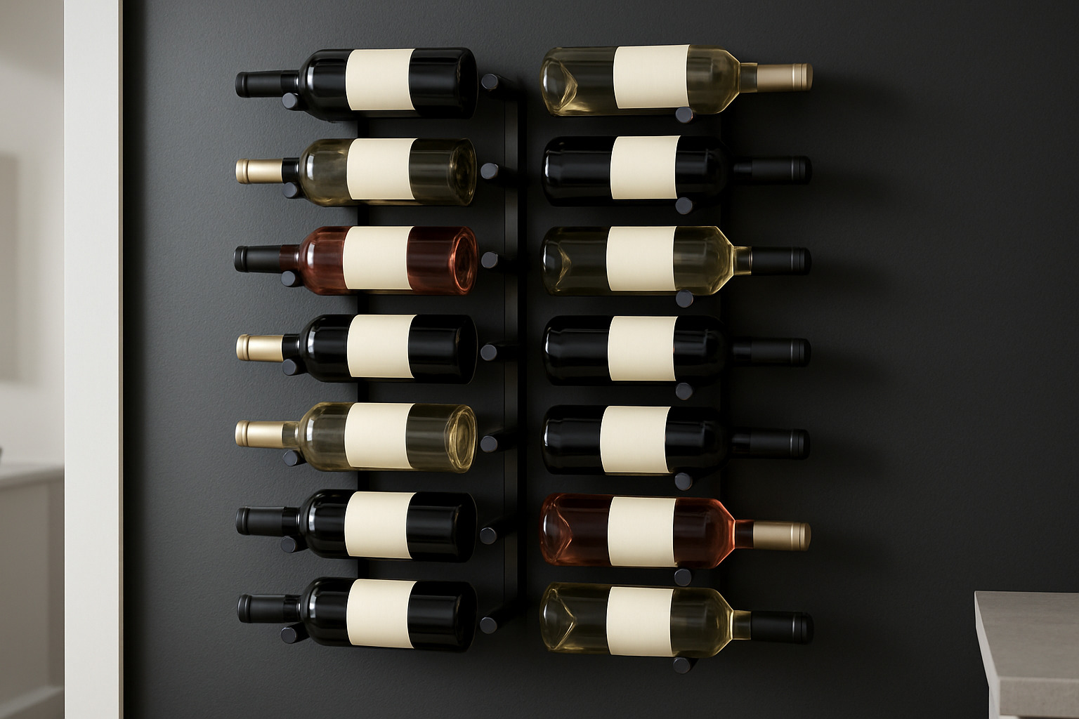 Modern metal peg wine rack with floating bottle display - wall wine rack ideas