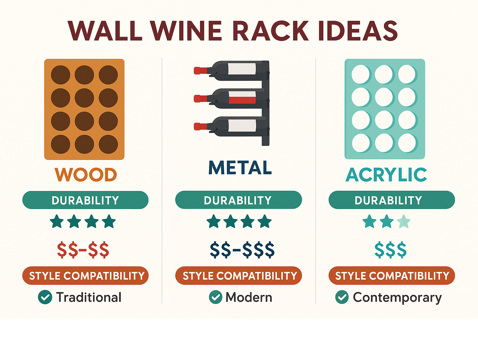 Comparison infographic showing wood vs metal vs acrylic wine racks with durability ratings, cost ranges, and style compatibility - wall wine rack ideas infographic 