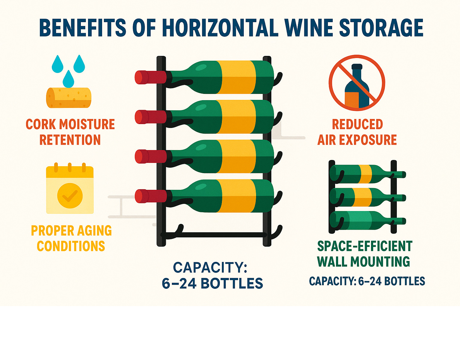Infographic showing horizontal wine storage benefits including cork moisture retention, reduced air exposure, proper aging conditions, and space-efficient wall mounting options with capacity ranges from 6-24 bottles - wall wine rack ideas infographic 
