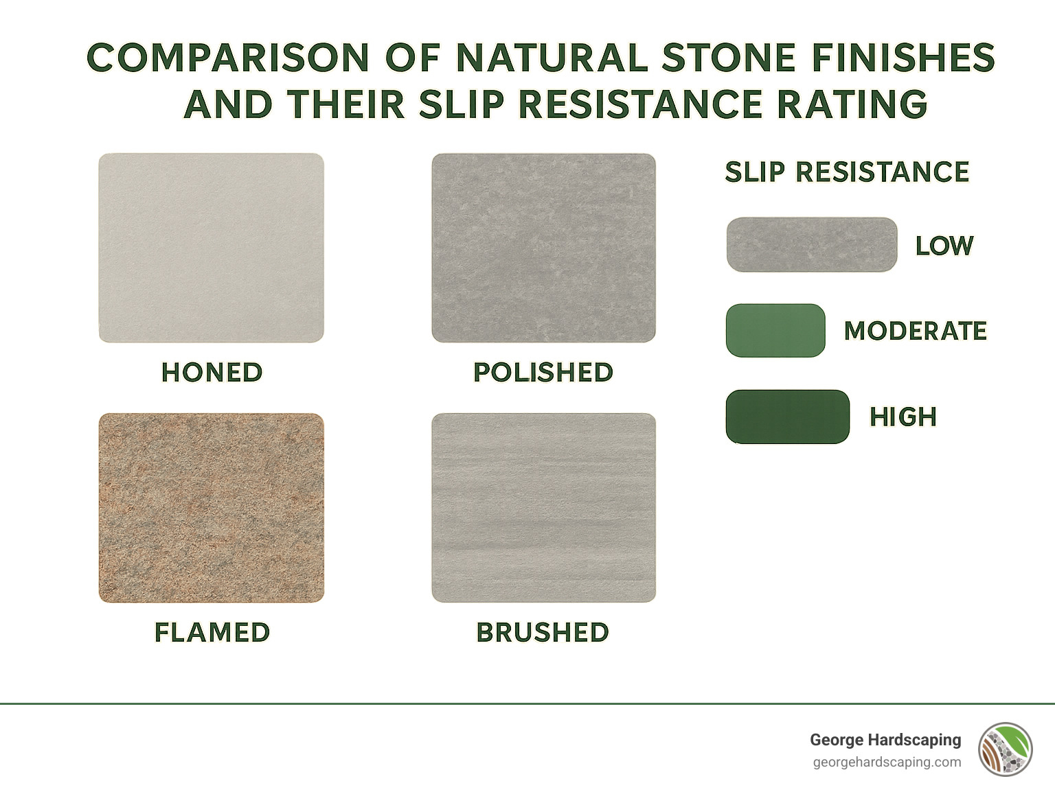 Comparison of different natural stone finishes and their slip resistance ratings - natural stone pavers infographic 