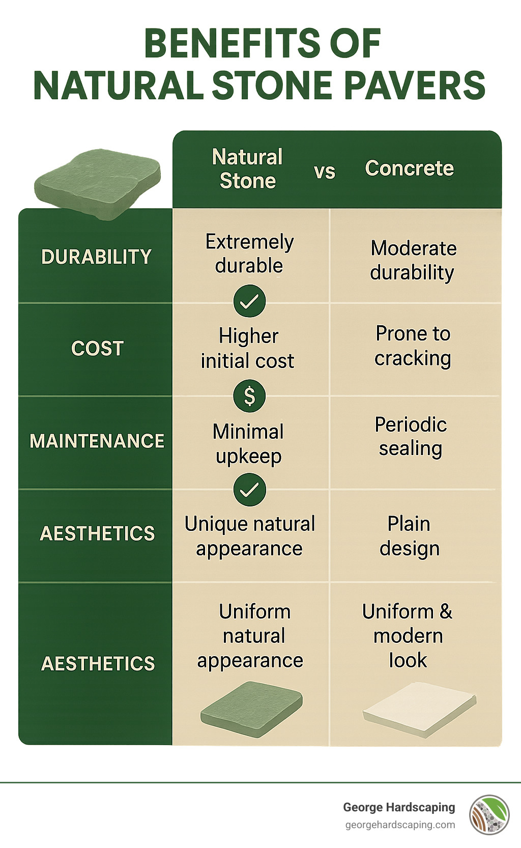 Benefits of natural stone pavers vs concrete and porcelain pavers comparison showing durability, cost, maintenance, and aesthetic differences - natural stone pavers infographic 