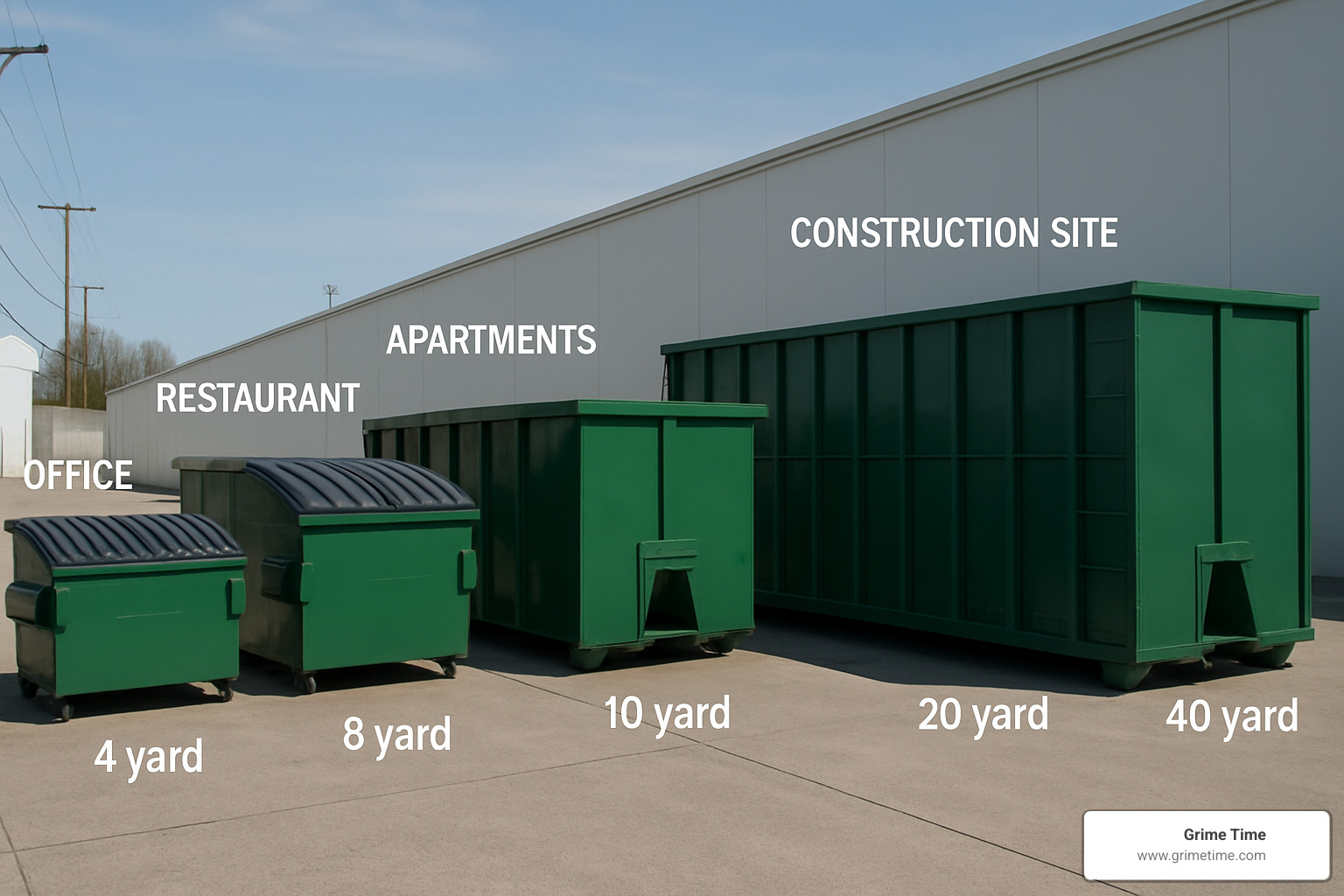 Different commercial dumpster sizes from 2-yard to 40-yard containers showing relative scale and typical applications - Commercial dumpster service