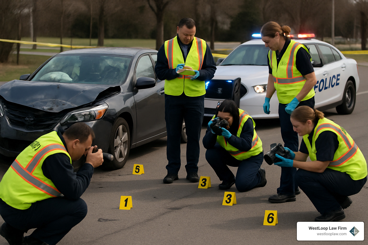 Accident scene investigation showing evidence collection - Houston wrongful death accident attorney