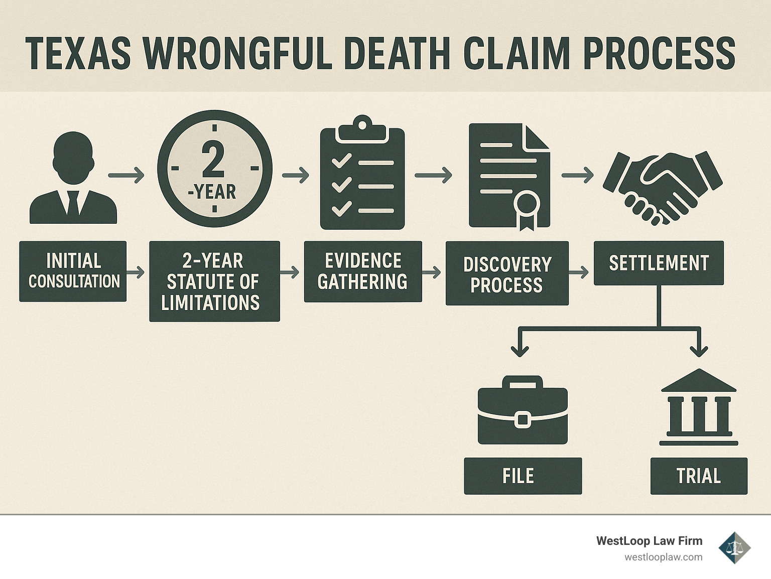 Detailed infographic showing the Texas wrongful death claim process timeline from initial consultation through settlement or trial, including key milestones like the 2-year statute of limitations, evidence gathering phase, filing deadlines, findy process, and potential outcomes - Houston wrongful death accident attorney infographic 
