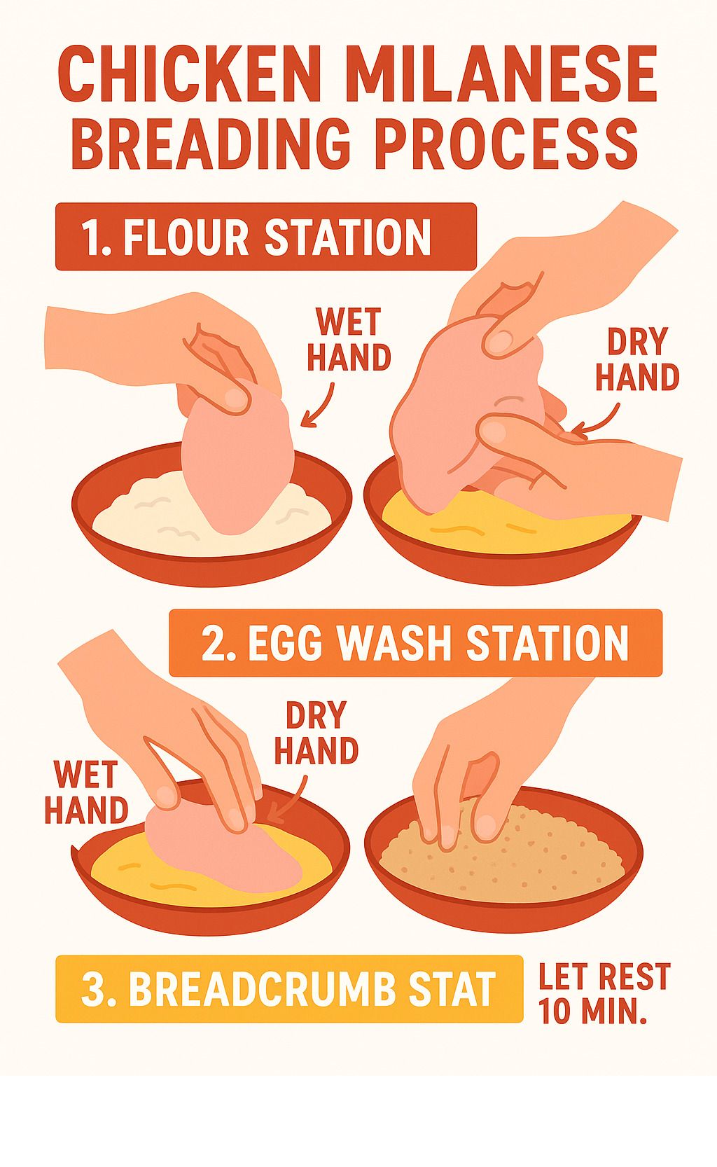 Infographic showing the three-step chicken milanese breading process with flour station, egg wash station, and breadcrumb station, including proper hand technique and resting time requirements - chicken milanese infographic 