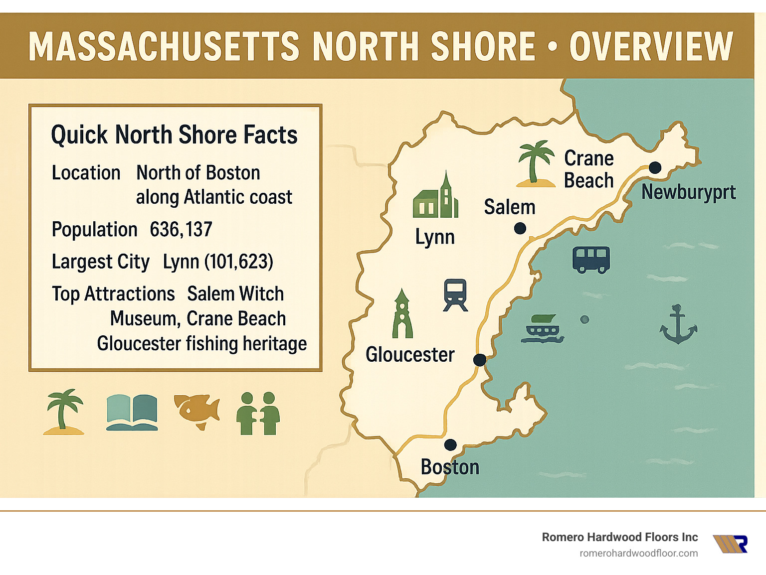 North Shore Massachusetts overview showing major towns, beaches, attractions, and transportation options with population statistics and key landmarks - massachusetts north shore infographic 