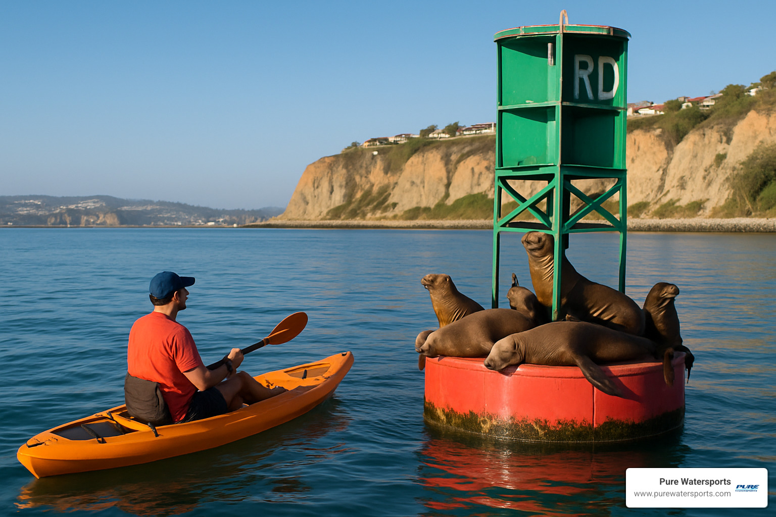 Kayaker paddling near sea lions at harbor buoy in Dana Point - hobie kayak dana point