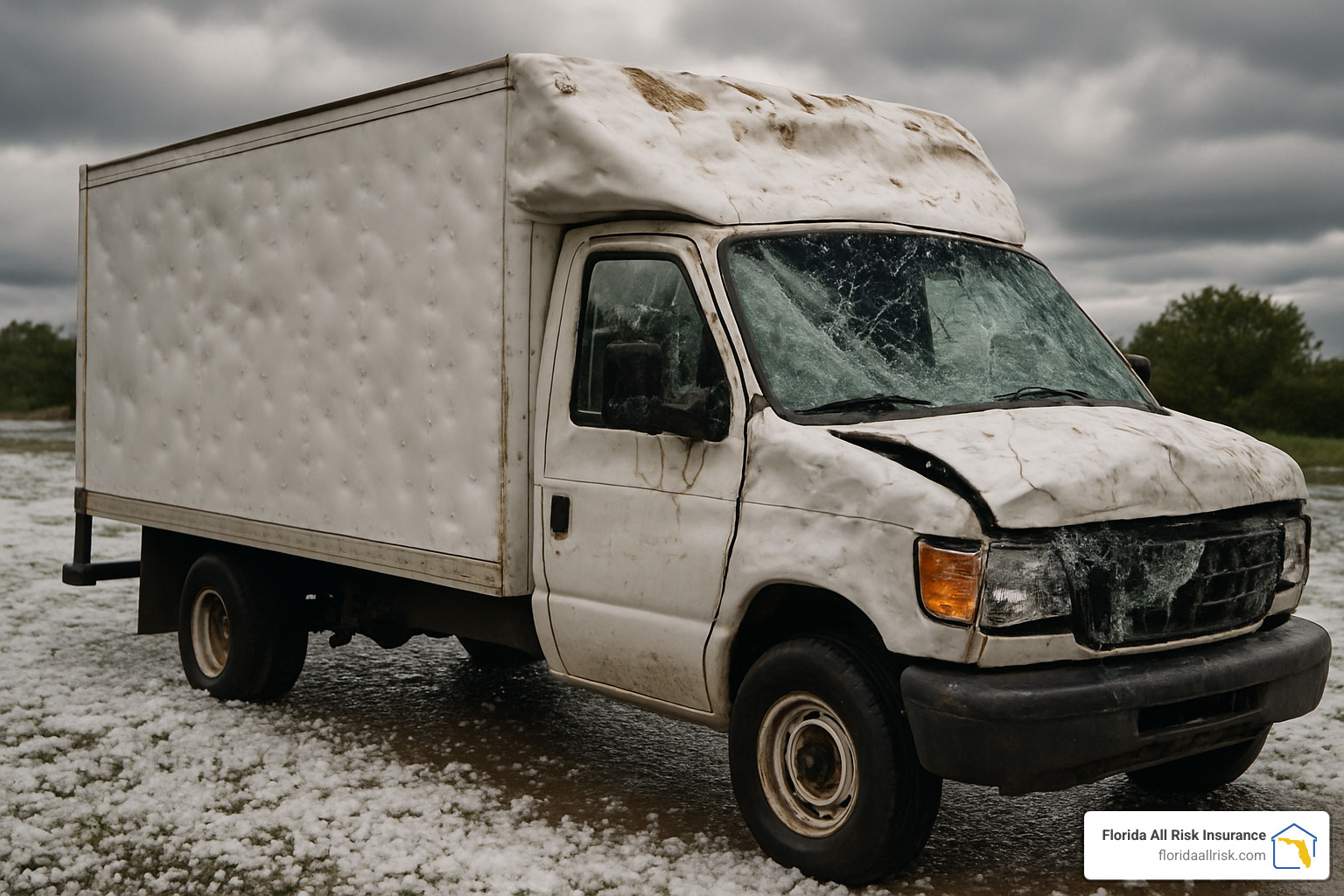 hail damaged commercial delivery truck with dented roof and broken windshield - Comprehensive business vehicle insurance