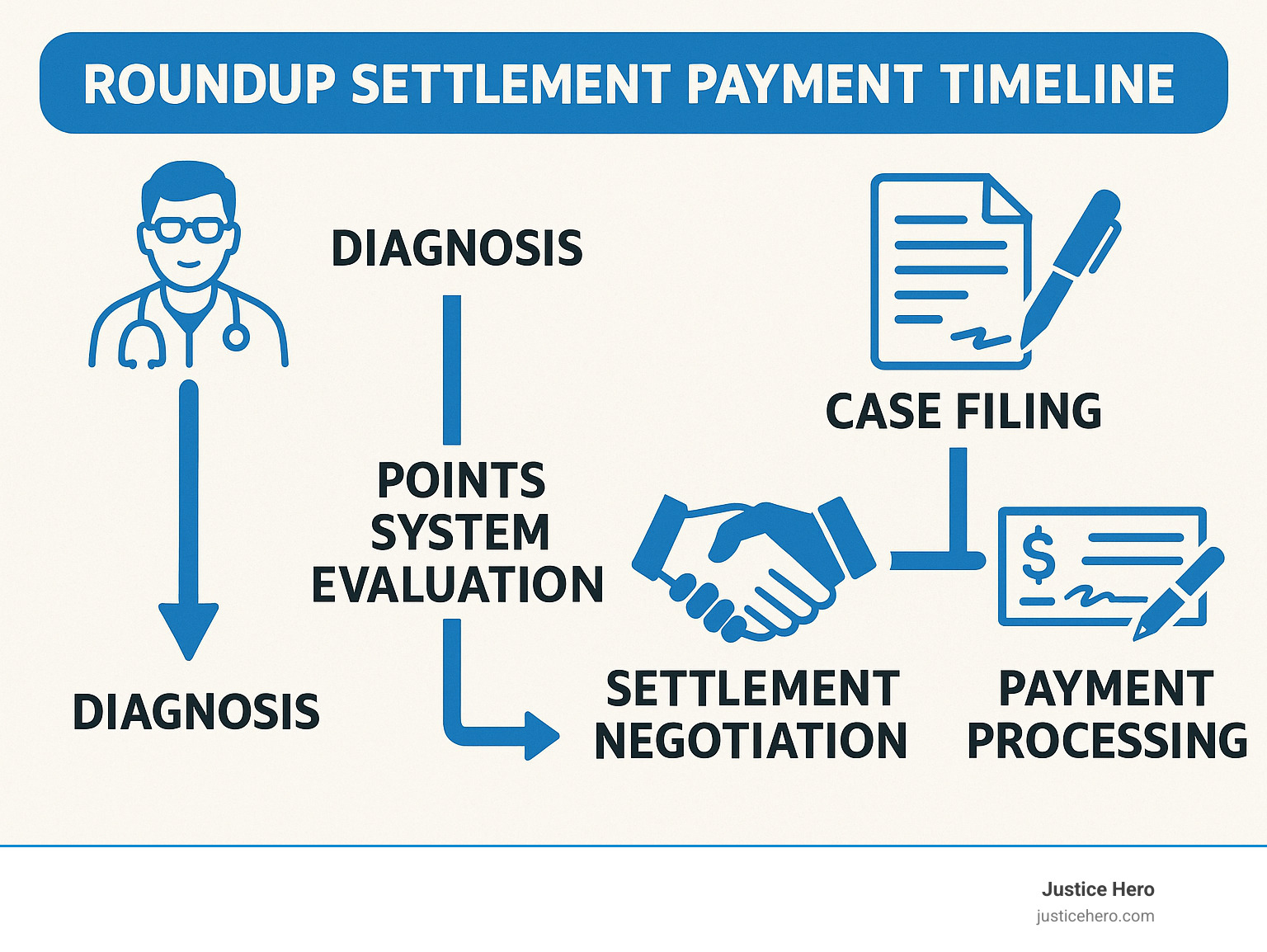 Detailed infographic showing Roundup settlement payment timeline from initial diagnosis through final check receipt, including key milestones like case filing, points system evaluation, settlement negotiation, and payment processing stages - roundup settlement payments infographic